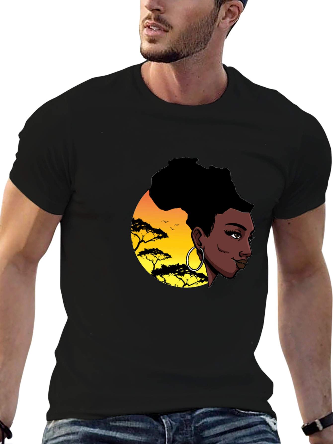 Black Stylish Black T-Shirt with African Sunset Graphic view 6