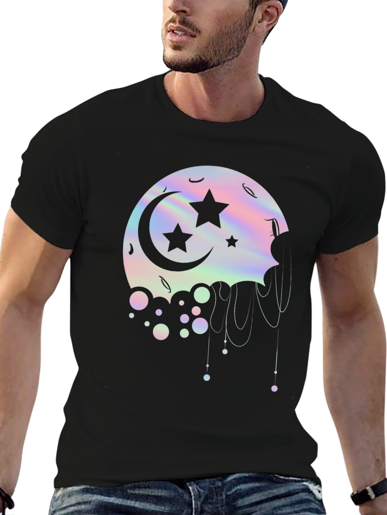 Black Dreamy Moon Stars Graphic Tee - Black Cotton T-Shirt view 6