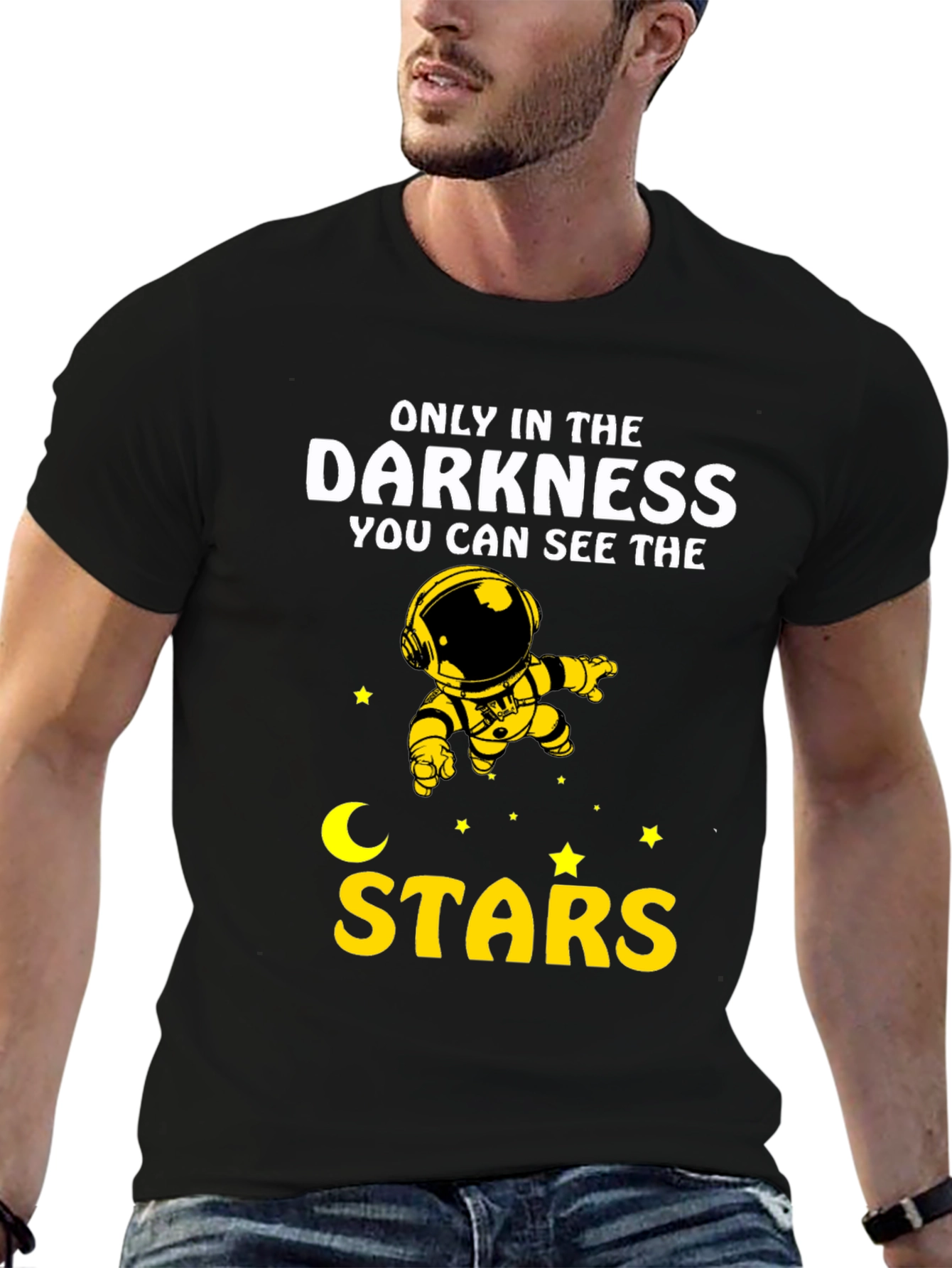 Black Darkness Stars Graphic T-Shirt - Astronaut Design view 6