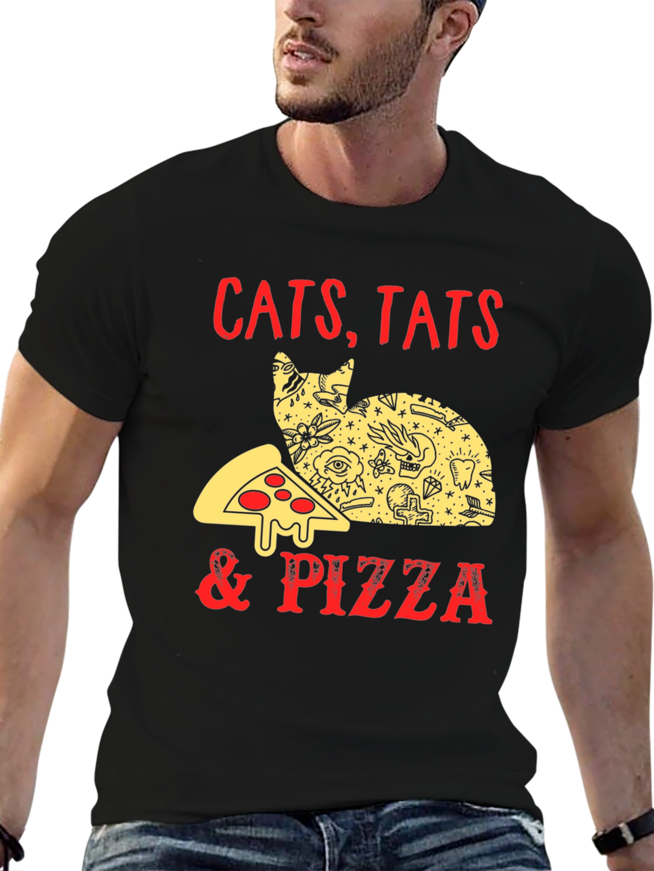Black Cats Tats & Pizza Funny Graphic T-Shirt view 6