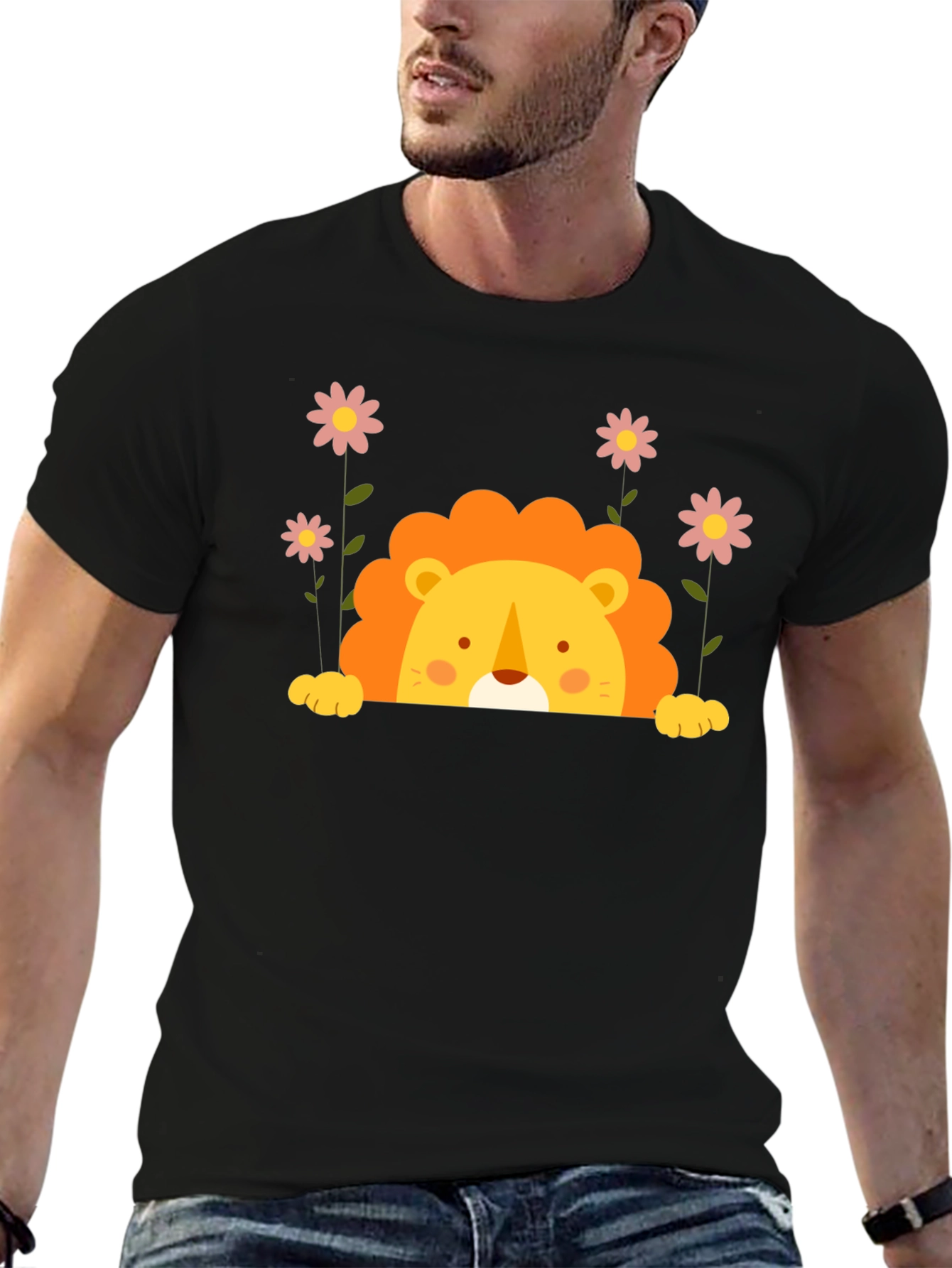Black Cute Lion Graphic Tee - Black Unisex T-Shirt view 6