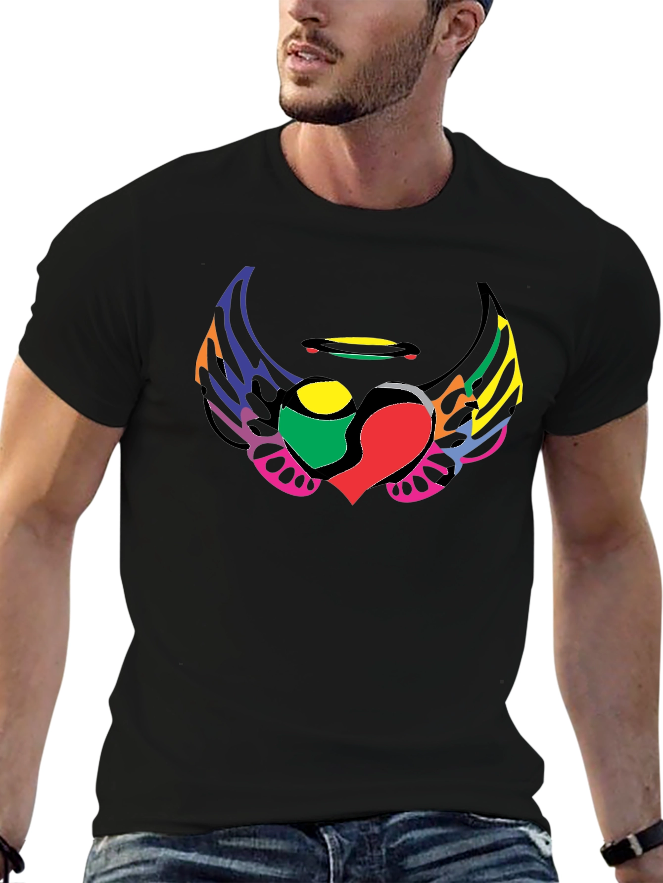 Black Colorful Wings Heart Graphic T-Shirt view 6