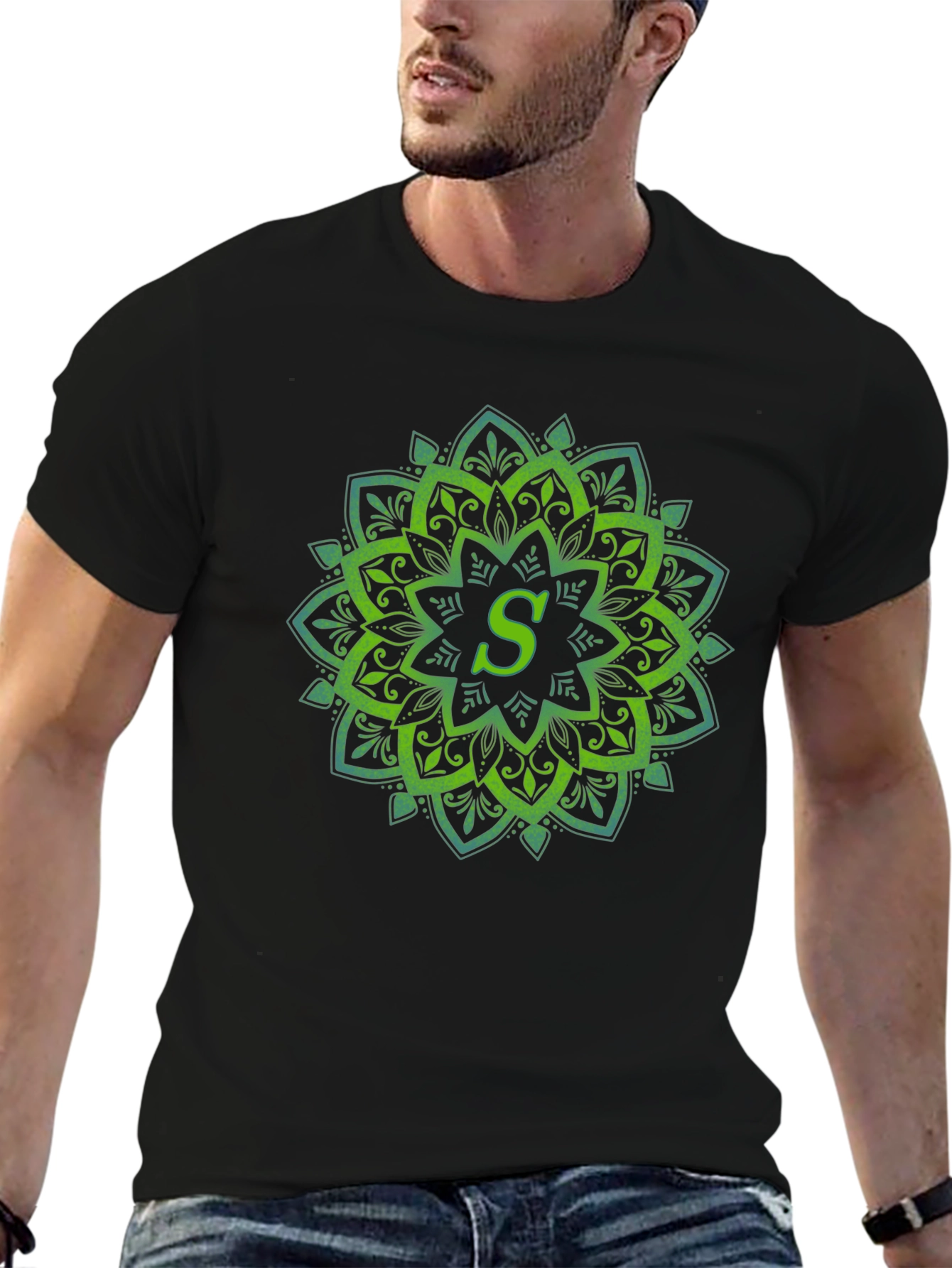 Black Green Mandala Letter S T-Shirt view 6