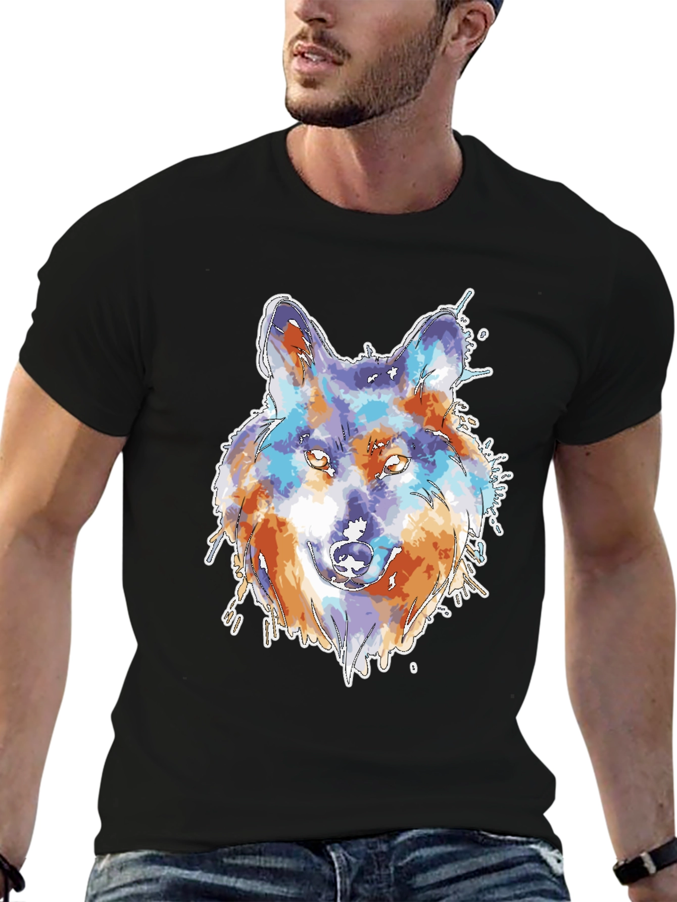 Black Wolf Watercolor Graphic Print Black T-Shirt view 6