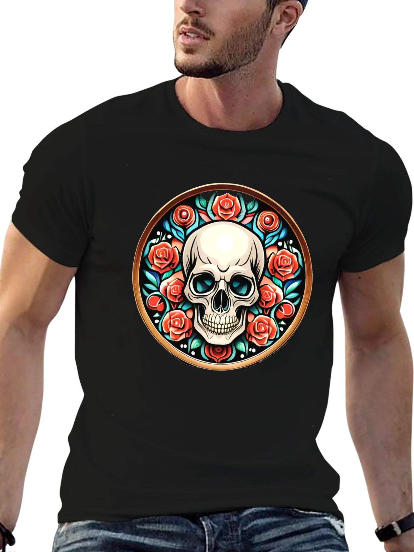 Black Skull & Roses Graphic Tee - Unique Round Design view 6