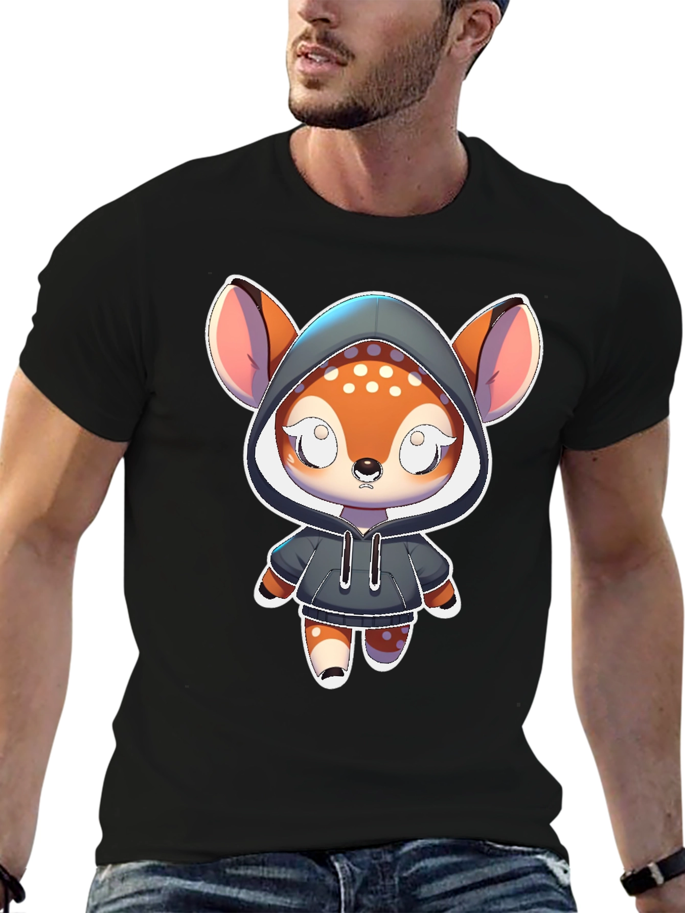 Black Cute Cartoon Deer Hoodie T-Shirt view 6