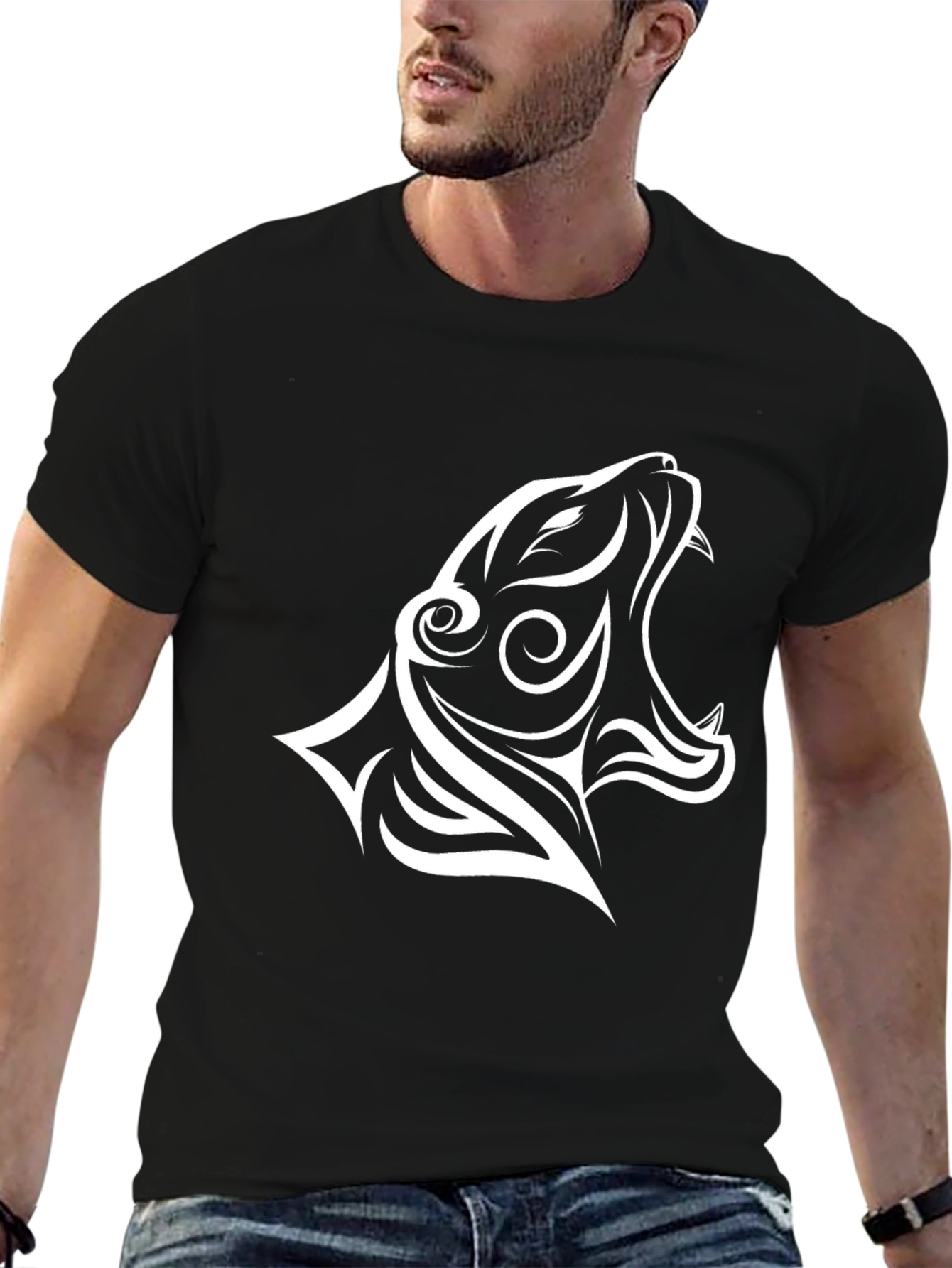 Black Black T-Shirt with White Tribal Tiger Design view 6