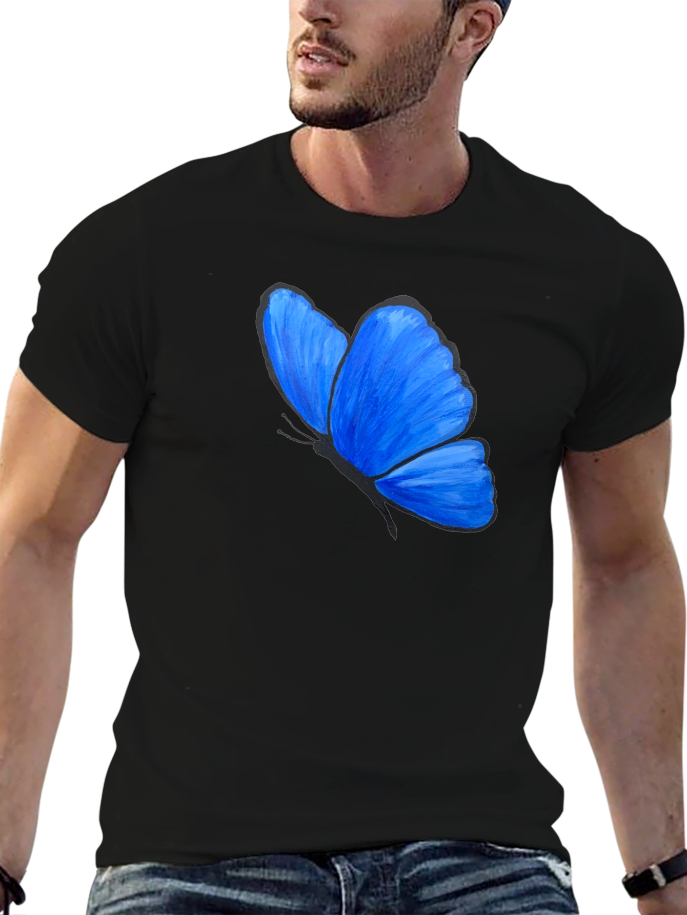 Black Blue Butterfly Graphic T-Shirt - Unisex view 6