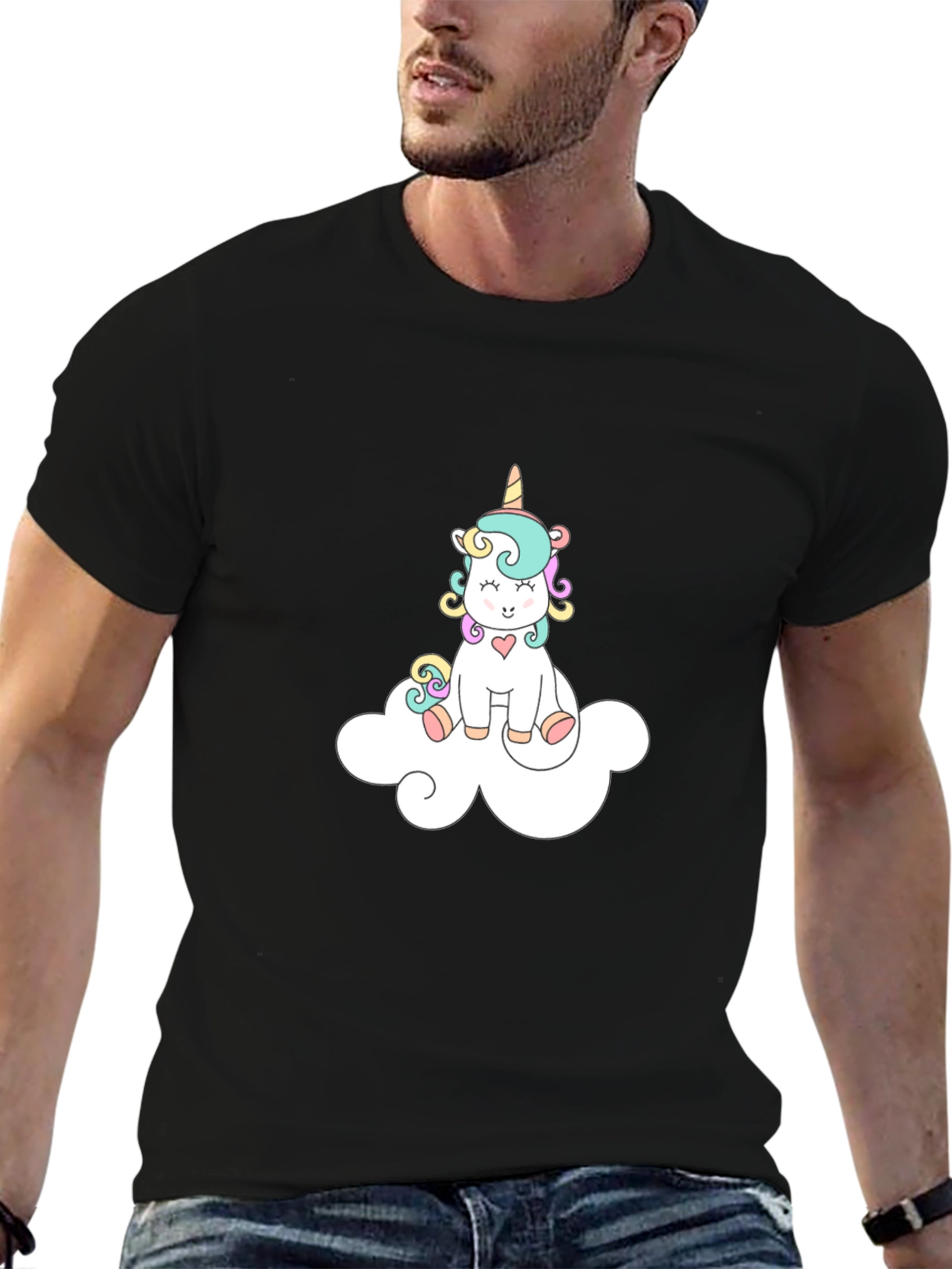 Black Cute Unicorn On Cloud Black T-Shirt view 6