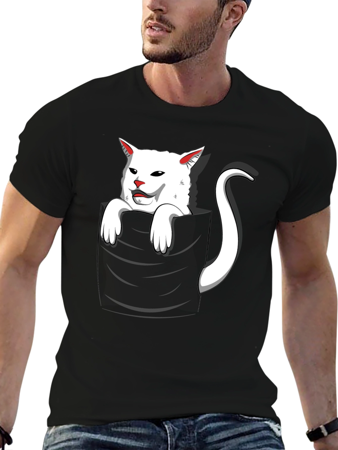 Black Cat Pocket T-Shirt - Funny White Cat Design view 6