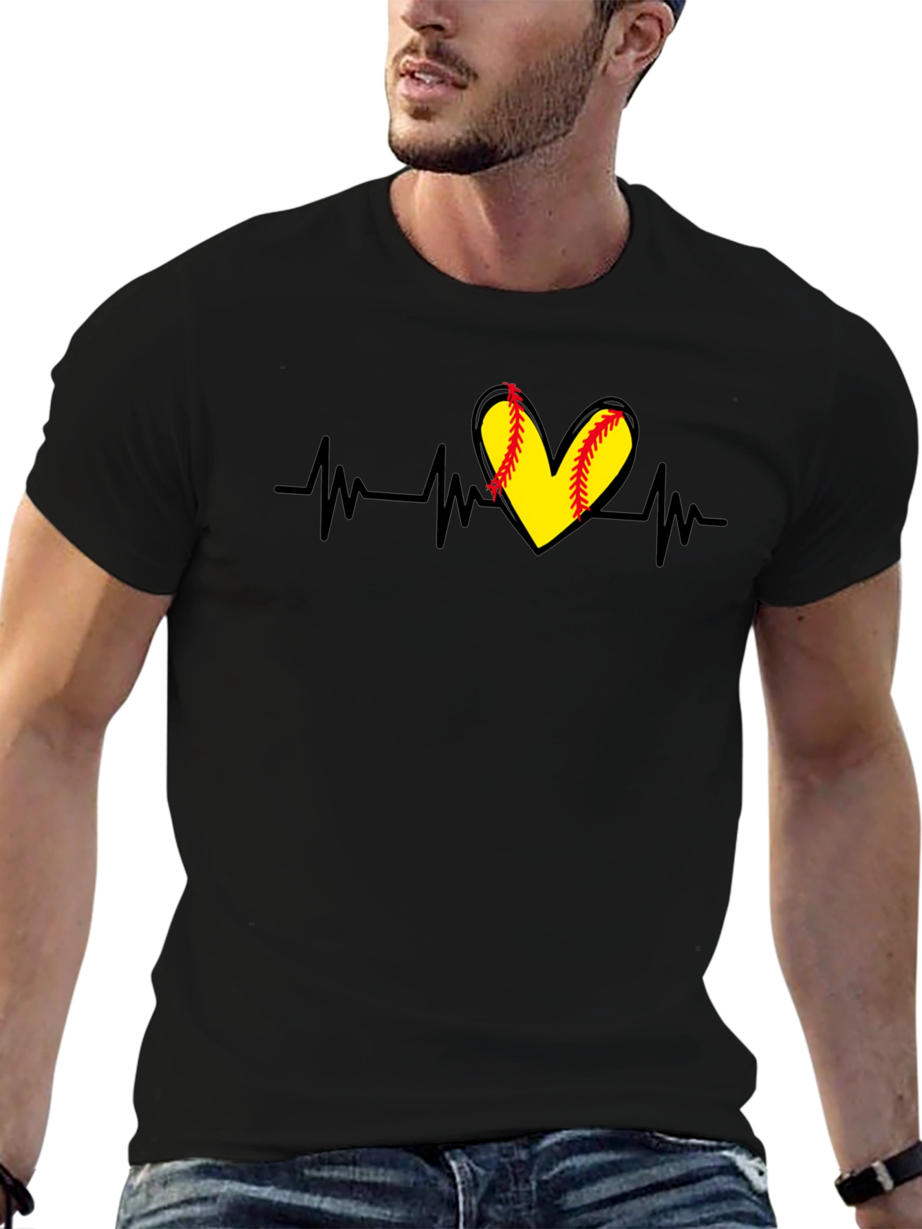 Black Softball Heartbeat T-Shirt - Black view 6