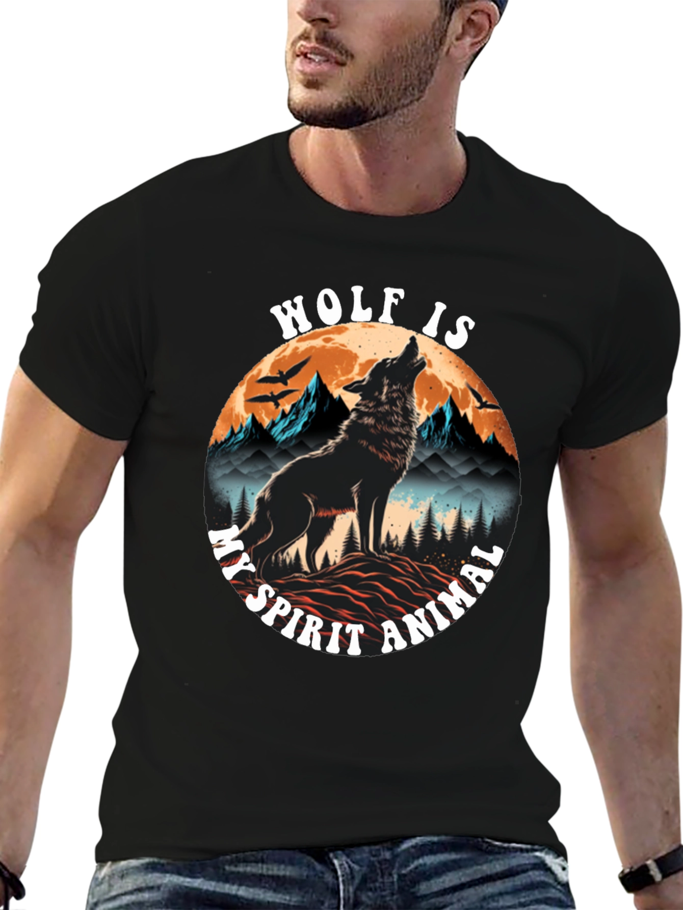 Black Wolf Spirit Animal Graphic Tee - Black Cotton Blend view 6