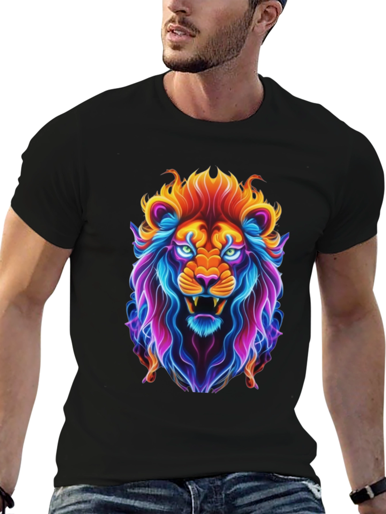 Black Neon Lion Graphic Tee - Bold Animal Print view 6