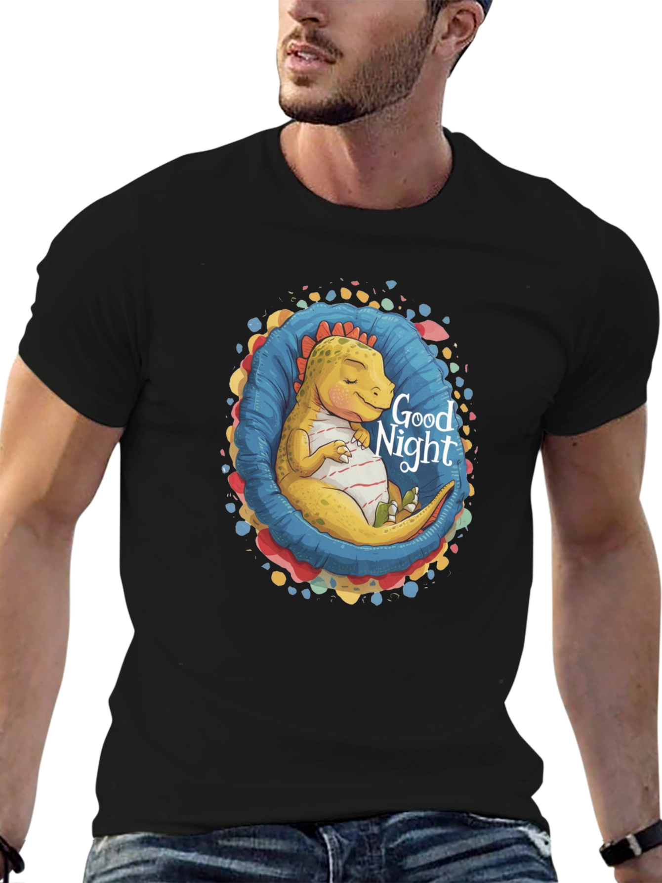 Black Cute Sleeping Dinosaur 'Good Night' Black T-Shirt view 6
