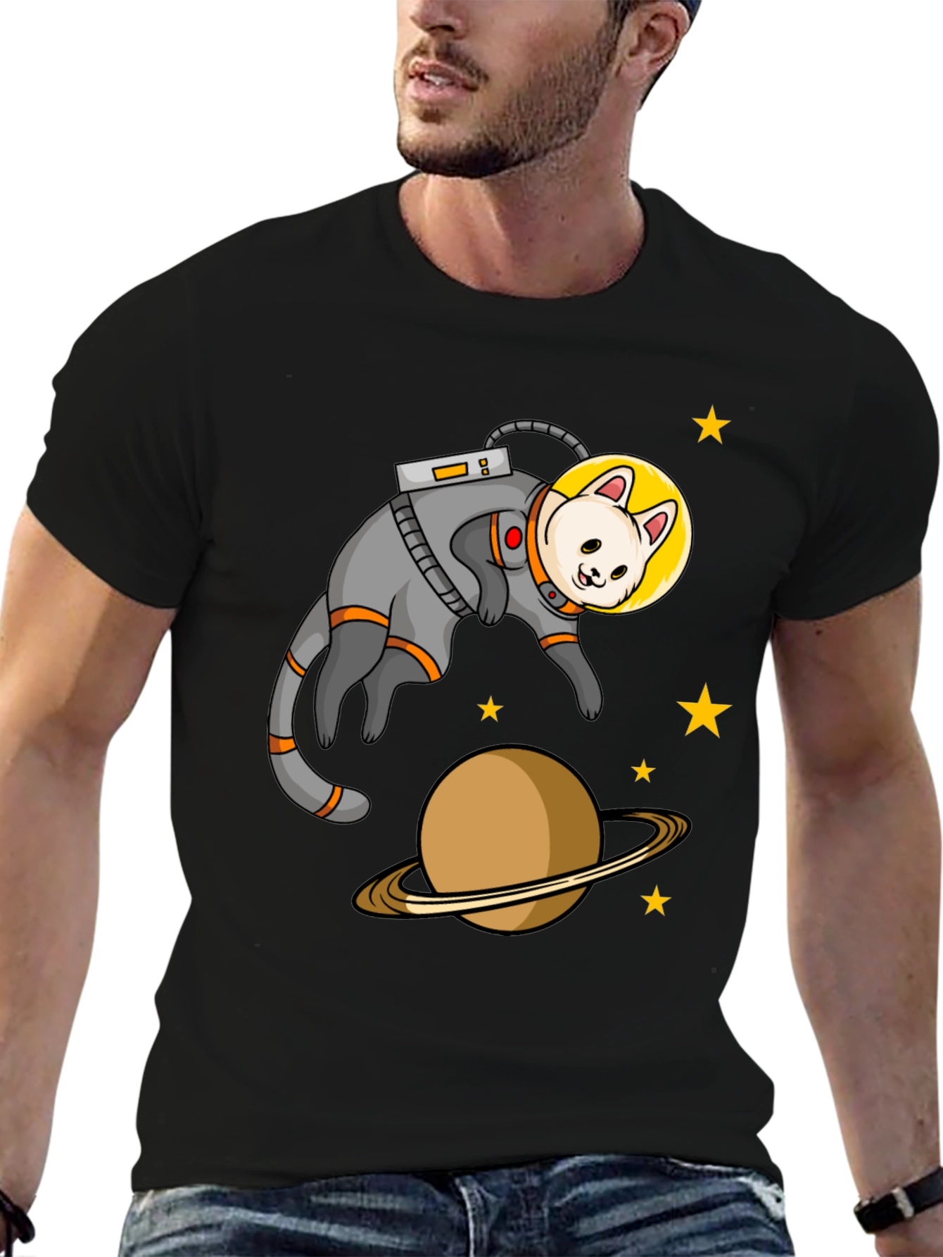 Black Astronaut Cat Black T-Shirt view 6