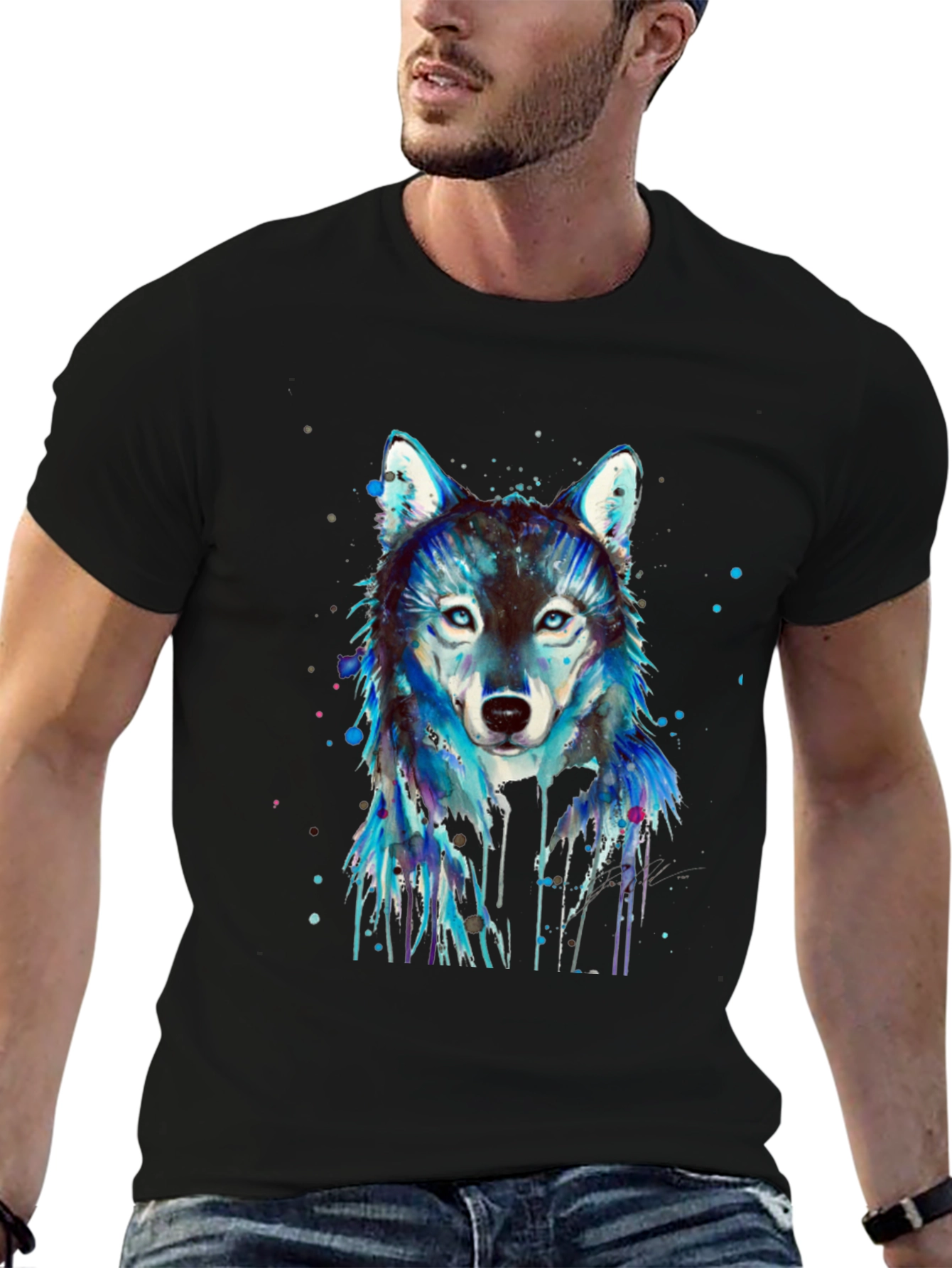 Black Wolf Graphic Print Men's Black T-Shirt view 6