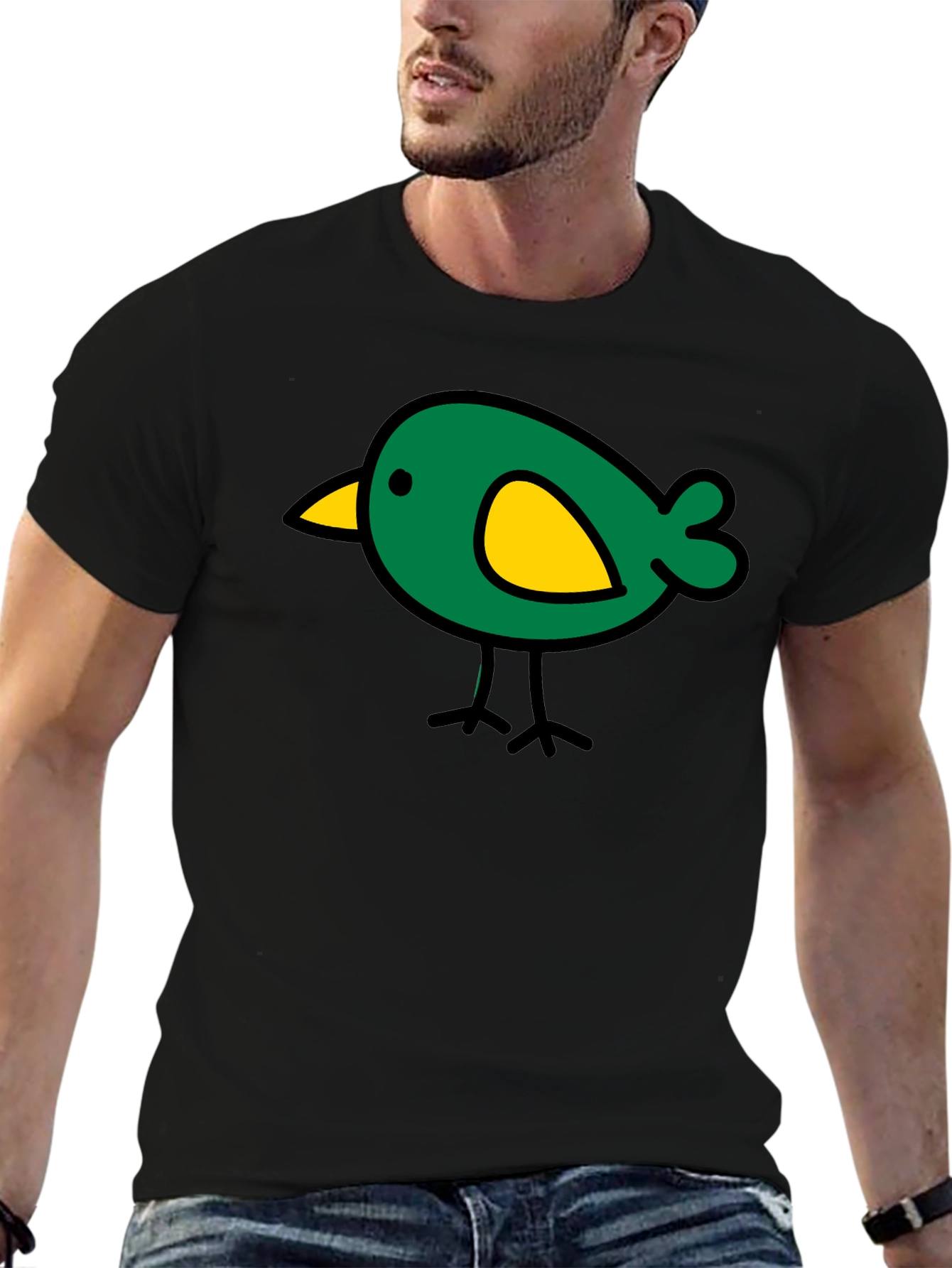 Black Cute Bird Graphic Tee - Black Cotton Casual T-Shirt view 6