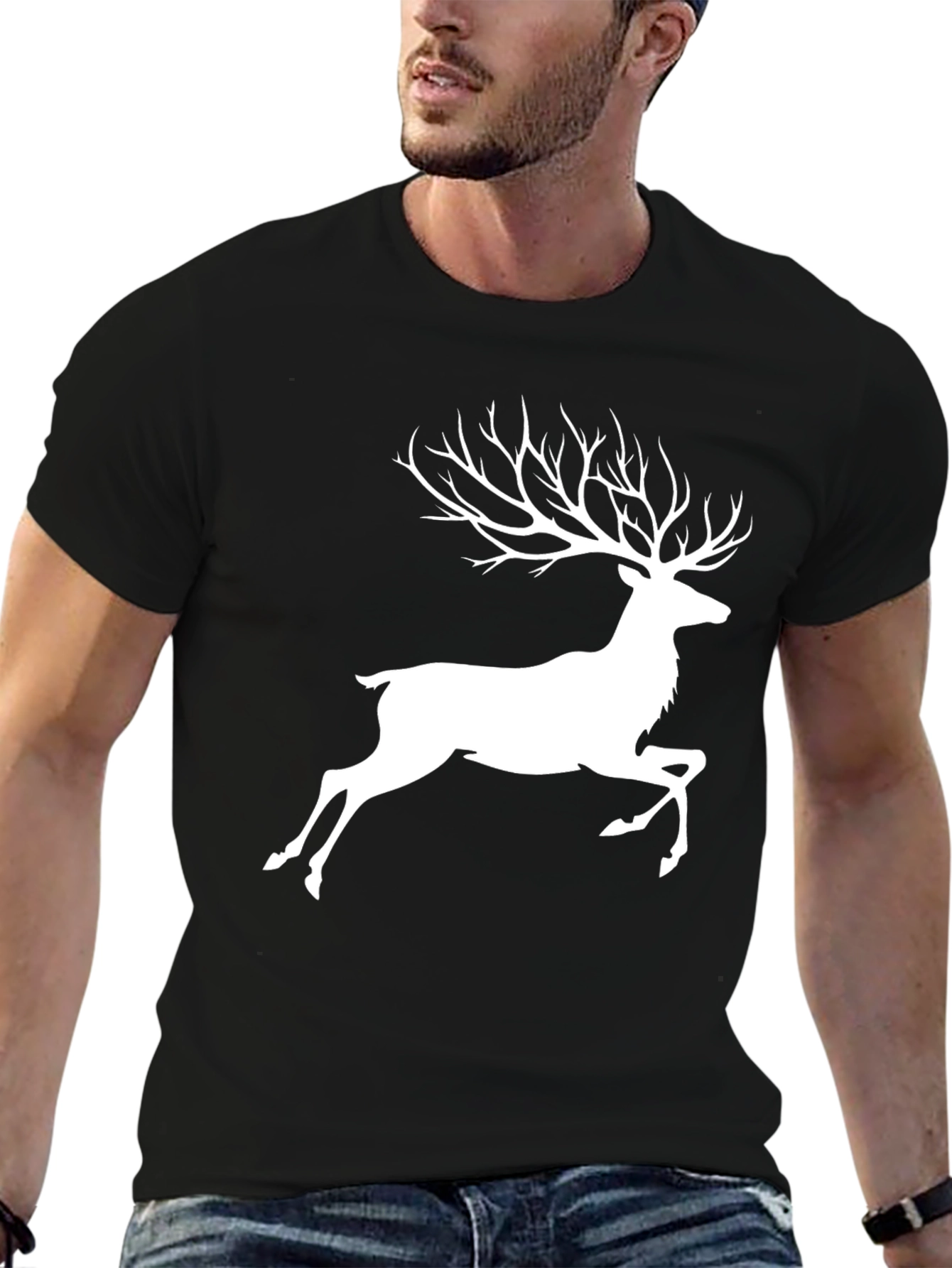 Black Stylish Deer Antler Graphic T-Shirt - Black view 6