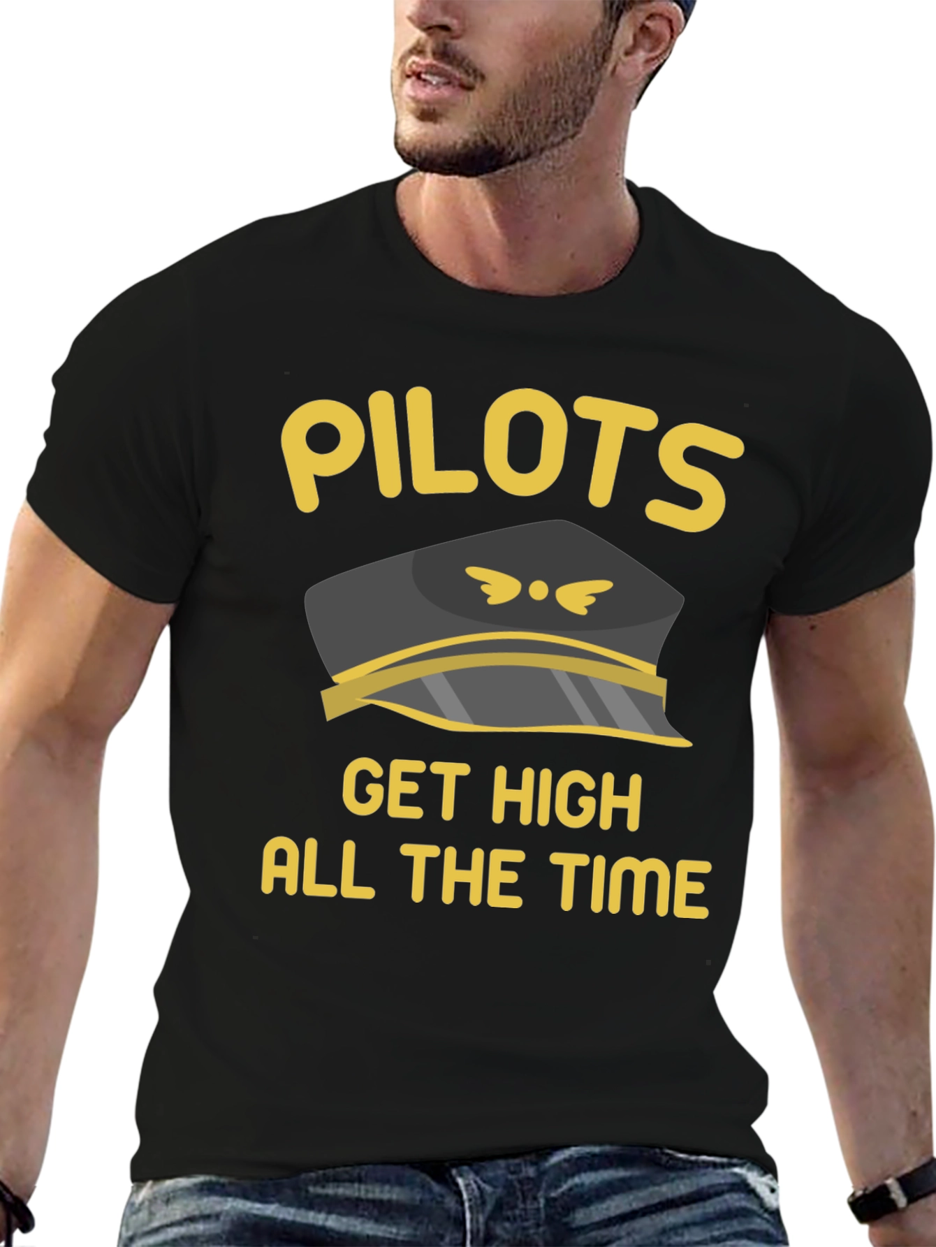 Black Pilots Get High T-Shirt Black Crew Neck Novelty Graphic Tee view 6