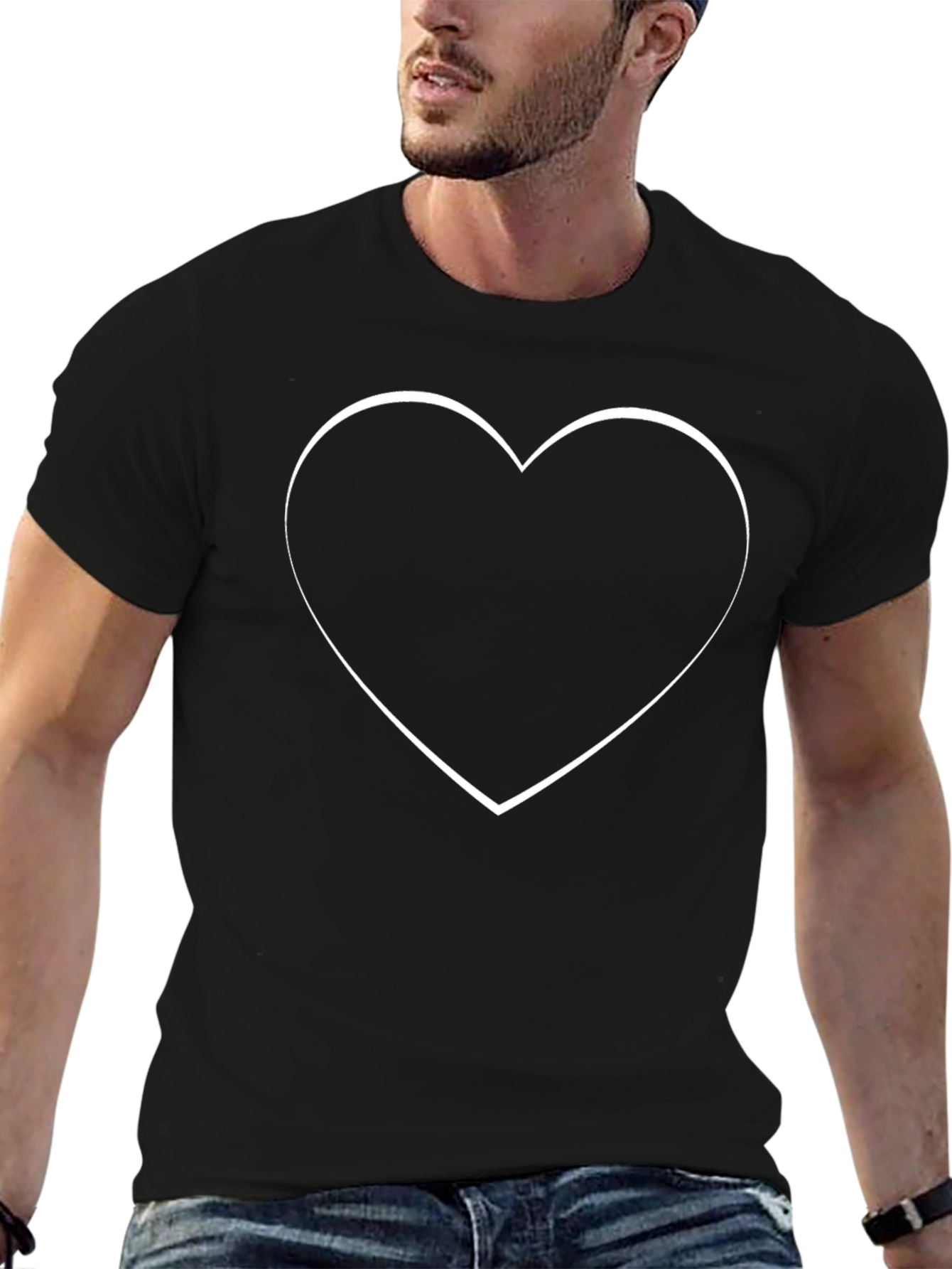 Black Heart Outline Black Cotton Graphic T-Shirt view 6