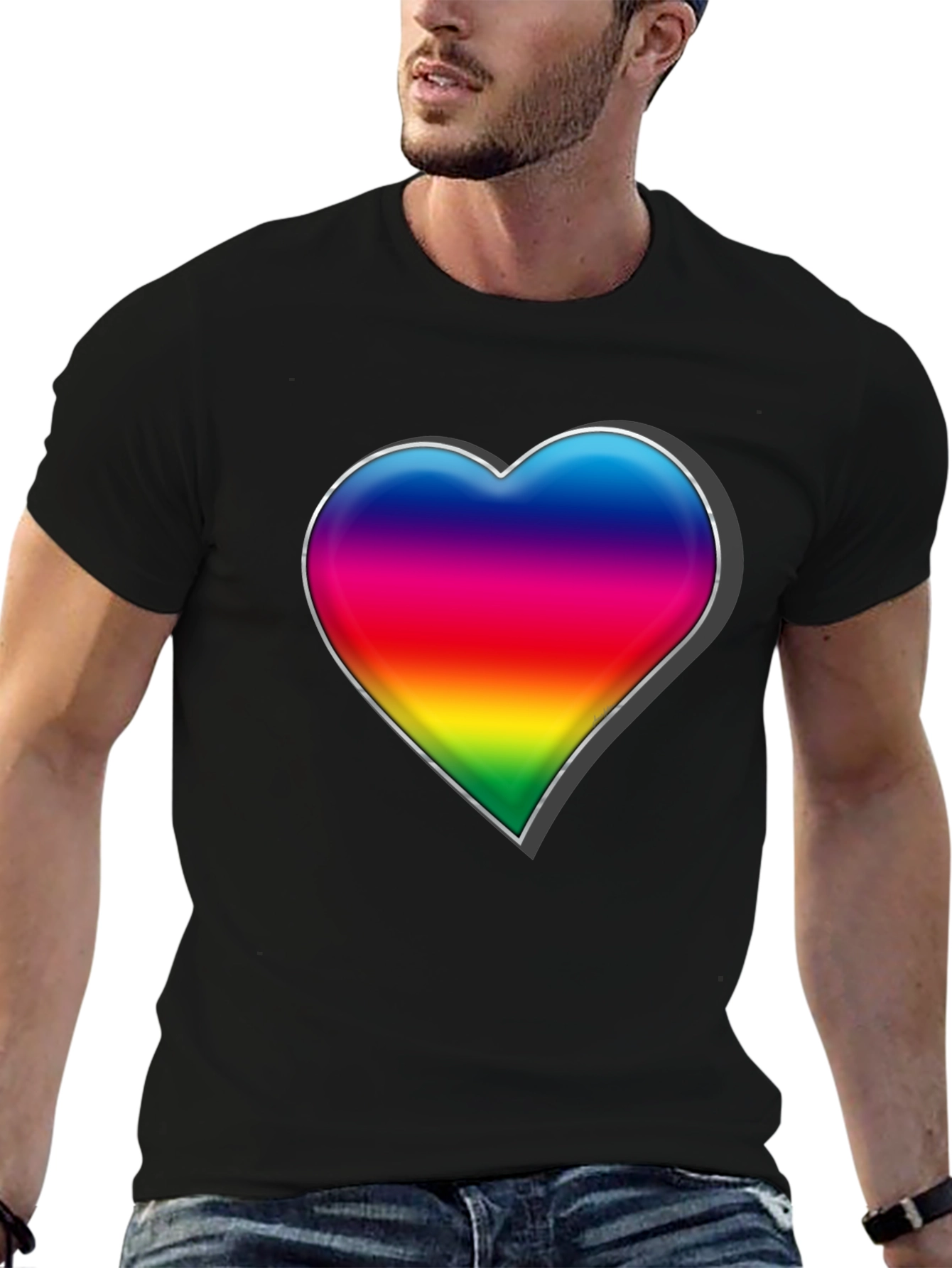 Black Rainbow Heart Graphic Tee - Black Cotton Blend Shirt view 6