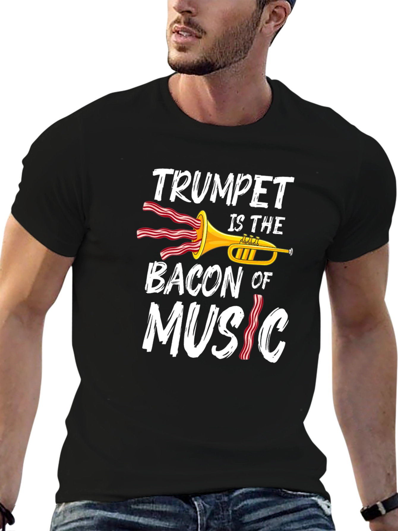 Black Trumpet Bacon Music Graphic Tee view 6
