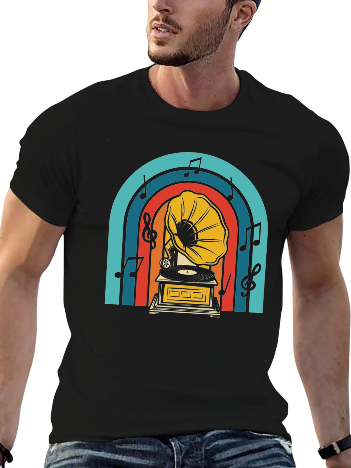 Black Retro Gramophone T-Shirt - Vintage Music Lover Tee view 6