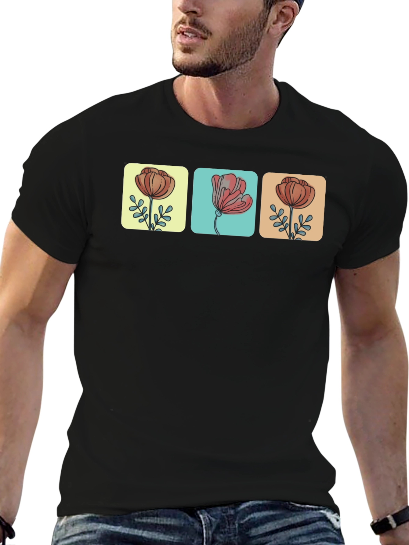 Black Floral Squares Black T-Shirt view 6