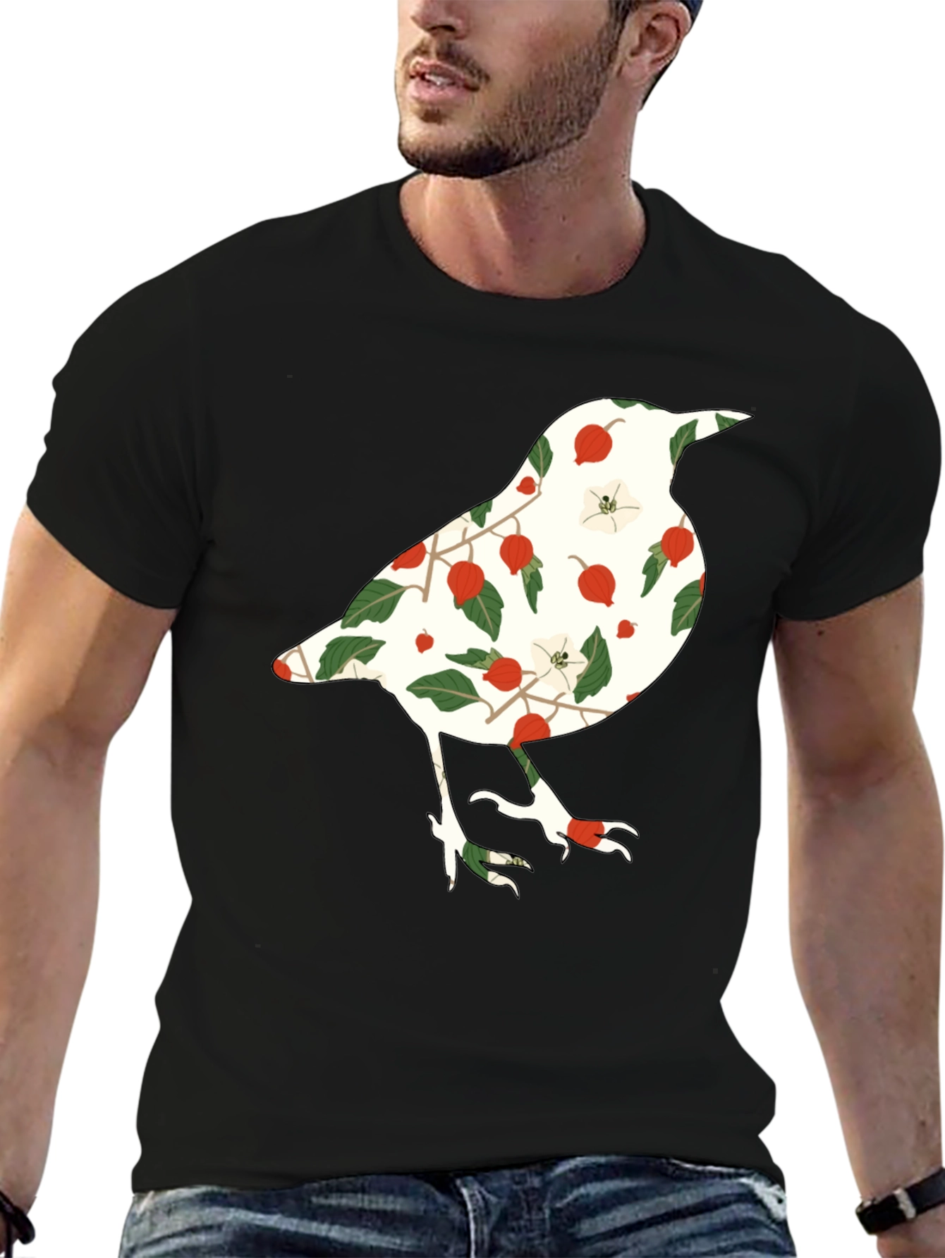 Black Floral Bird Graphic Tee - Black Casual T-Shirt view 6