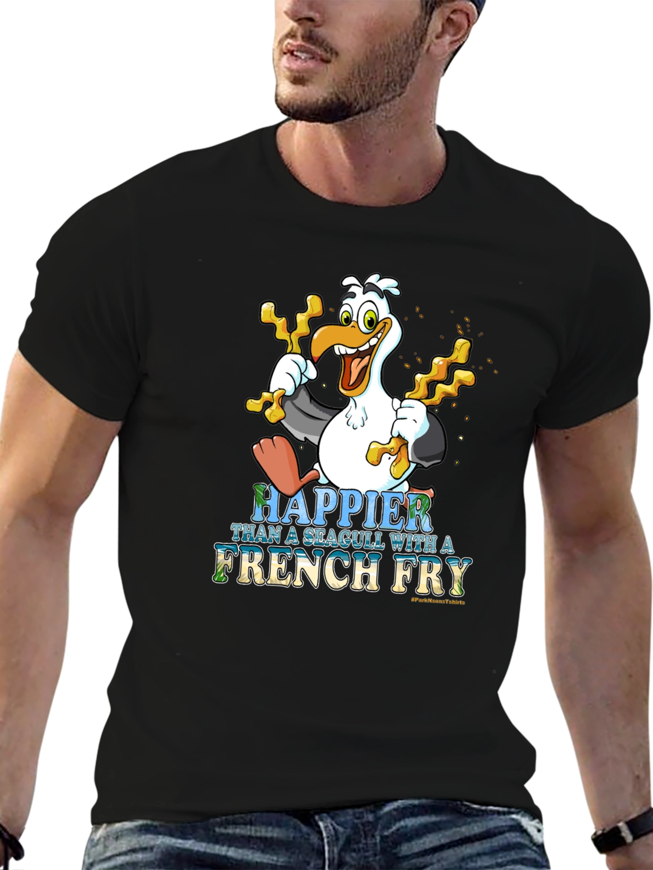 Black Happier Than a Seagull With French Fry Black T-Shirt view 6