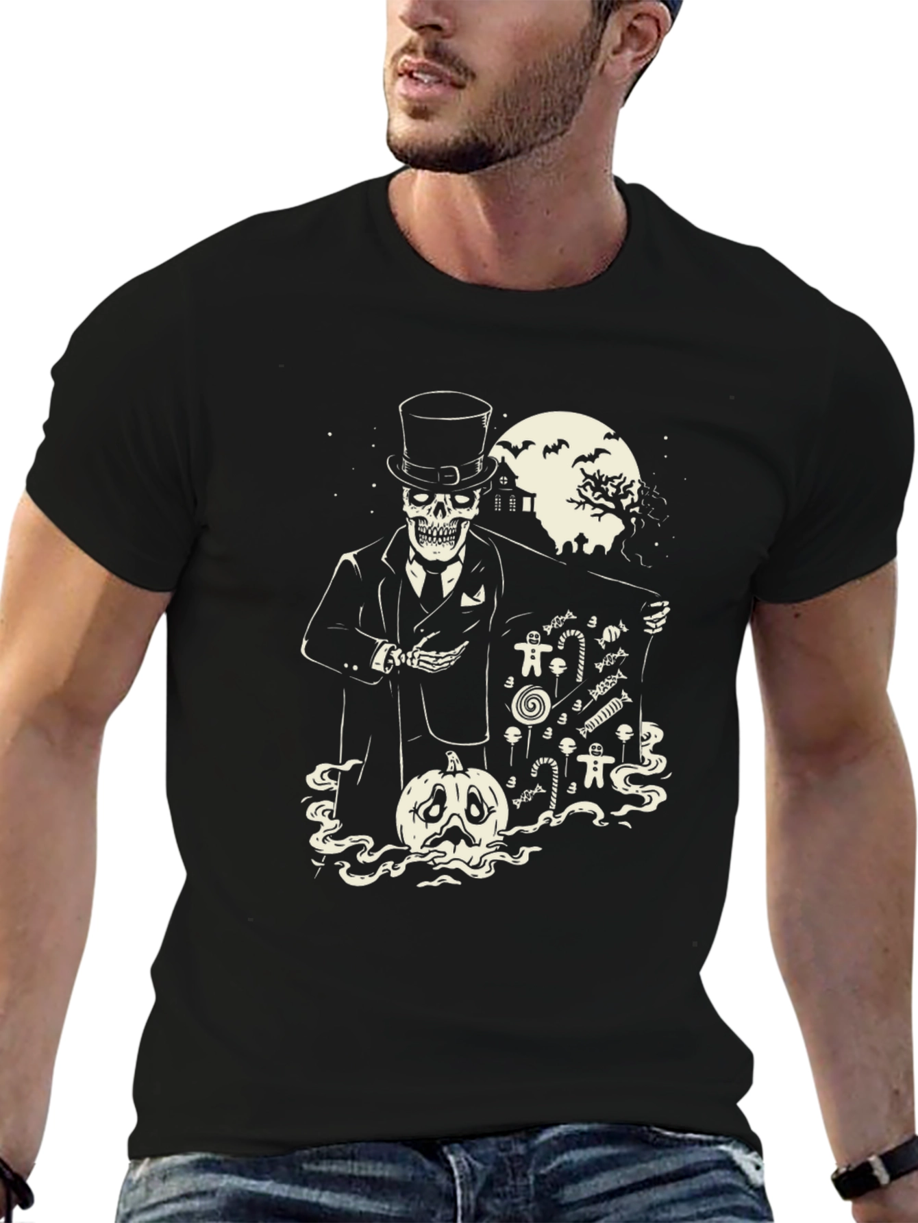 Black Spooky Skeleton Halloween T-Shirt - Candy Pumpkin Design view 6