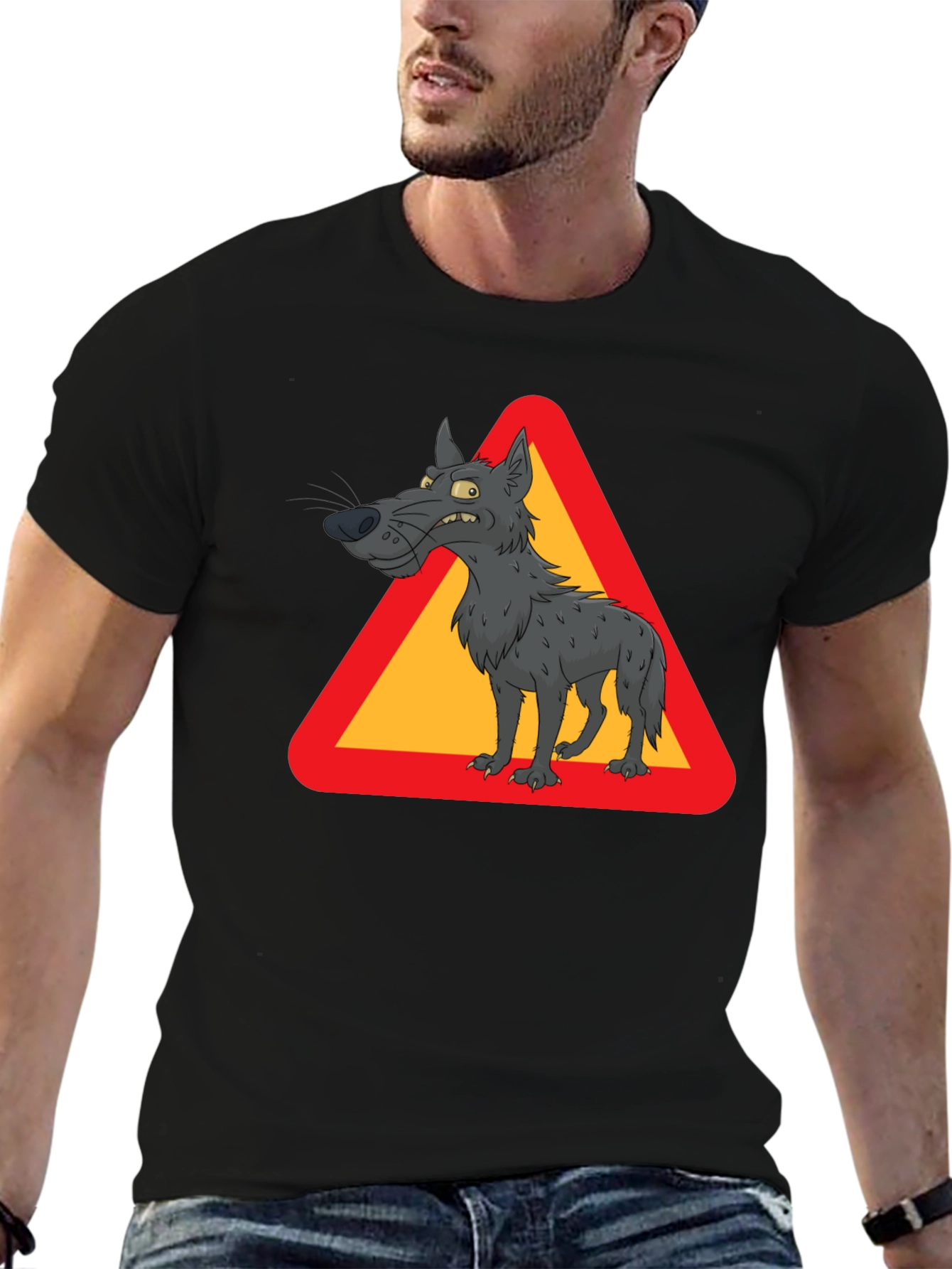 Black Wolf Warning Sign Black T-Shirt view 6