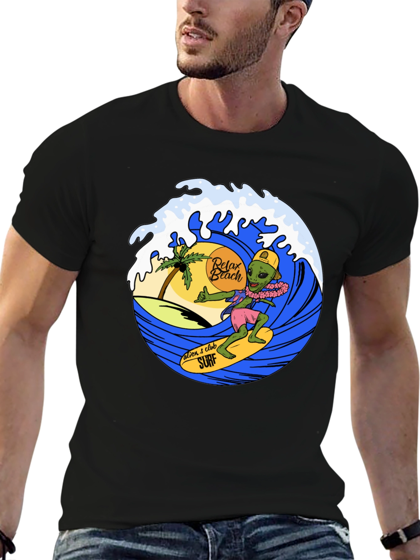Black Alien Surf T-Shirt - Relax Beach Tee view 6