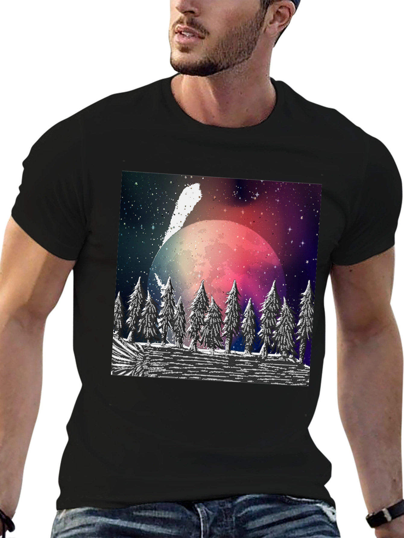Black Cosmic Forest T-Shirt - Black Crew Neck view 6