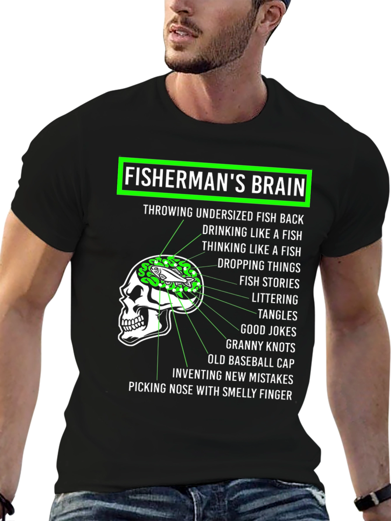 Black Fisherman's Brain Graphic Tee - Fishing Humor T-Shirt view 6