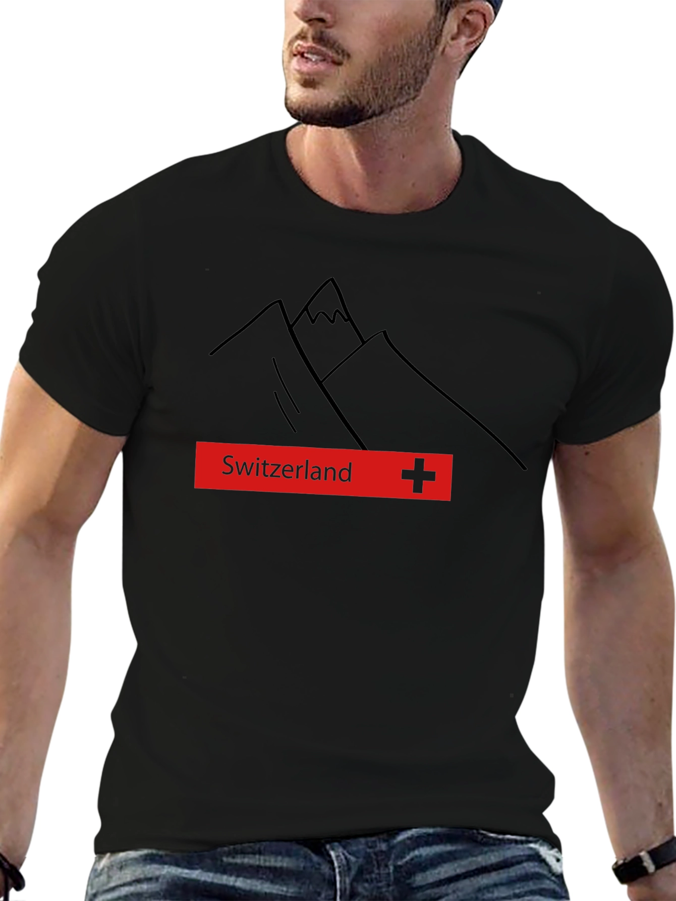 Black Switzerland Mountain Graphic Tee - Black Cotton T-Shirt view 6