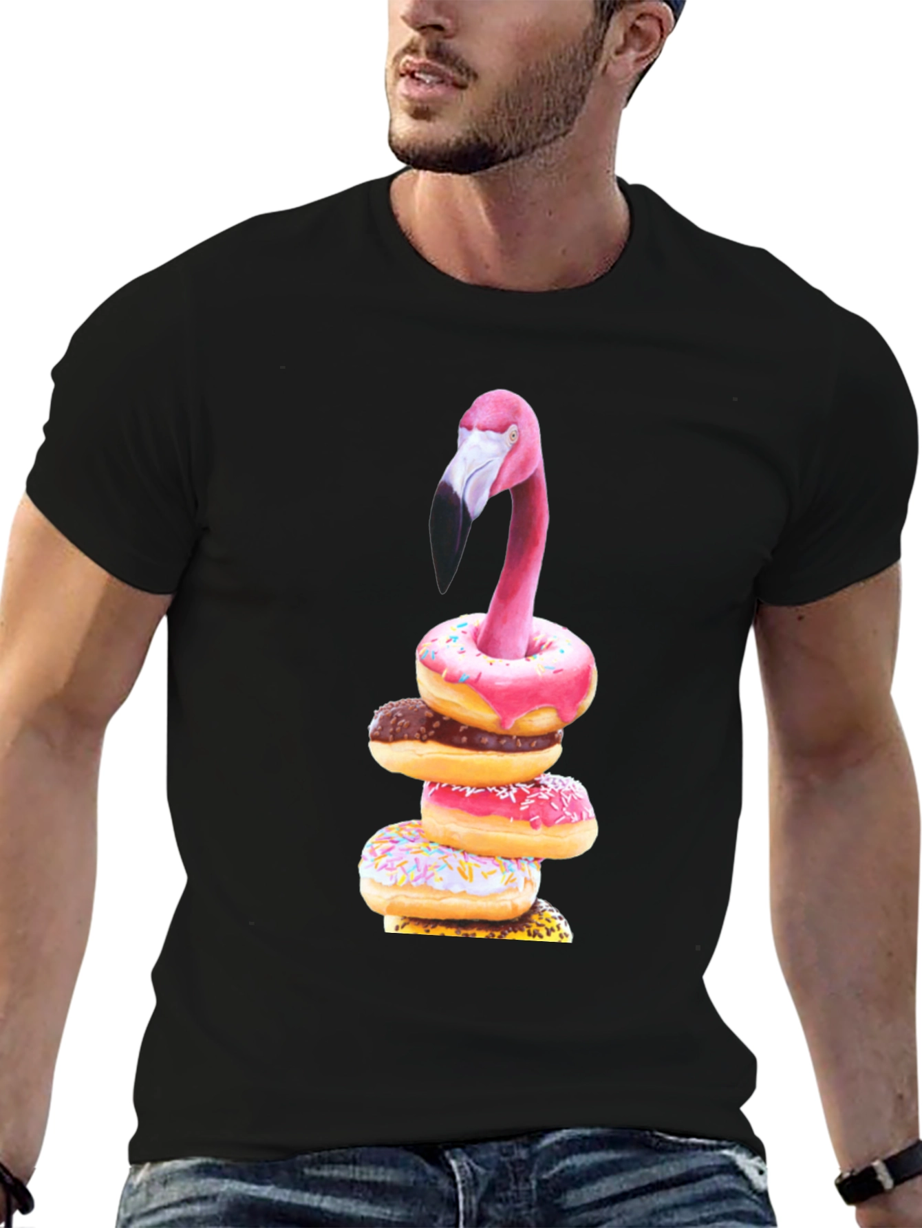 Black Flamingo Donut Stack Graphic Tee view 6