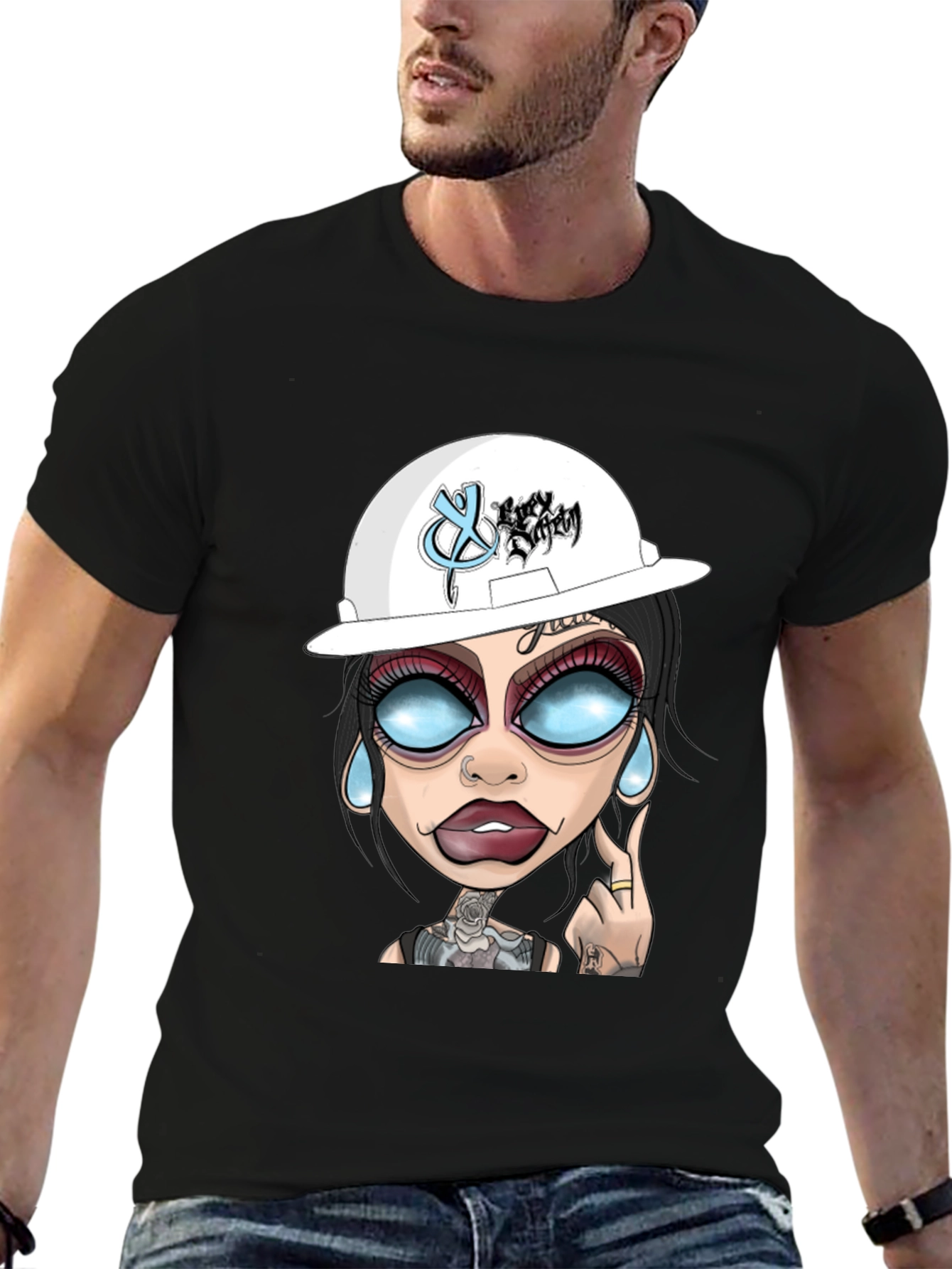 Black Cartoon Graphic T-Shirt - Edgy Tattoo Girl Design view 6