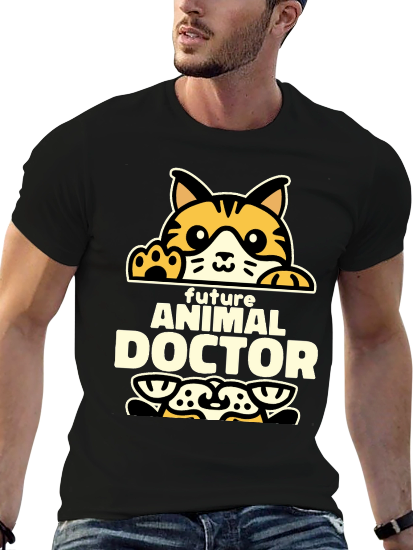 Black Future Animal Doctor T-Shirt - Cute Cat Design view 6