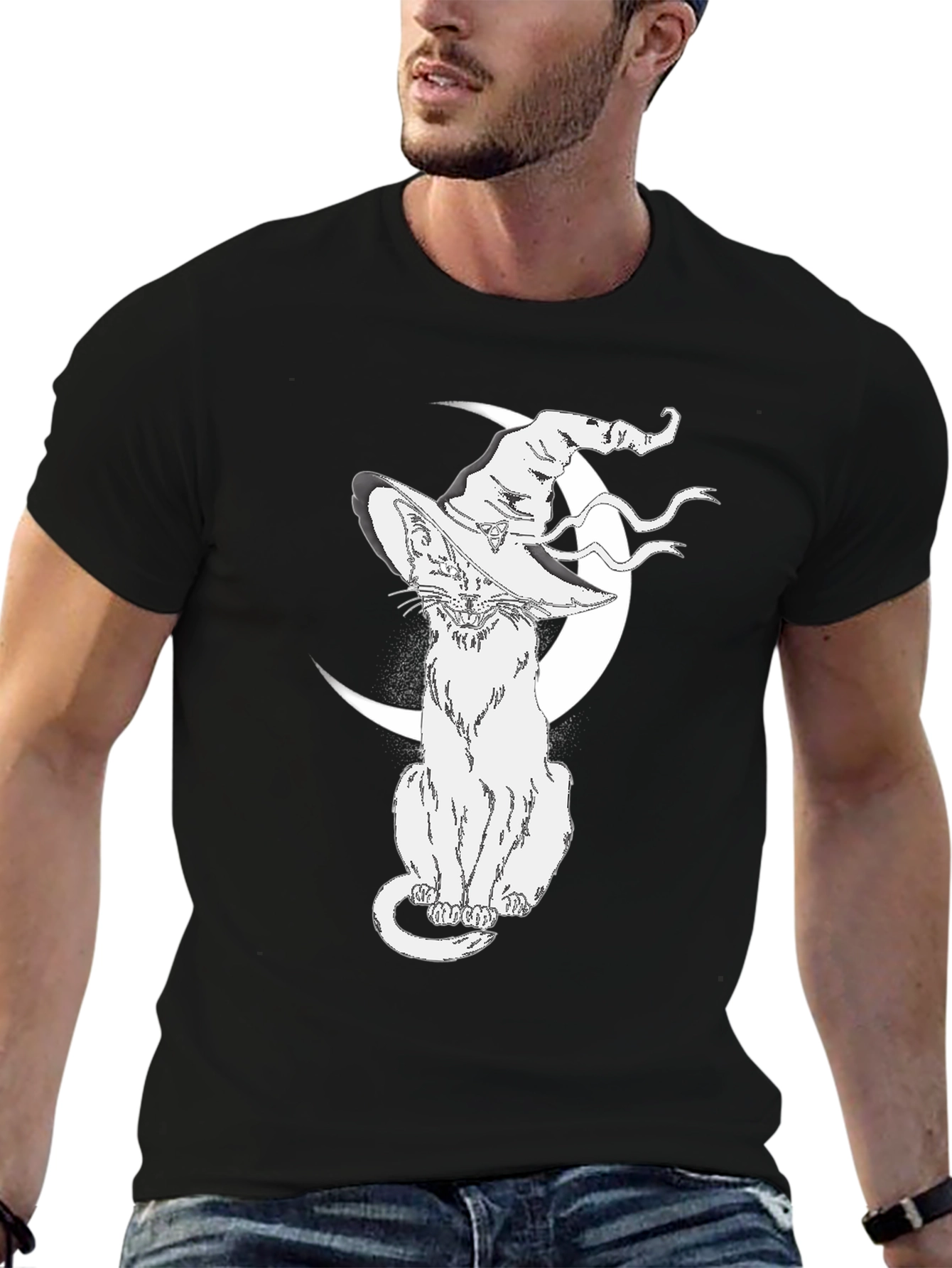 Black Witch Cat Moon T-Shirt - Halloween Style view 6