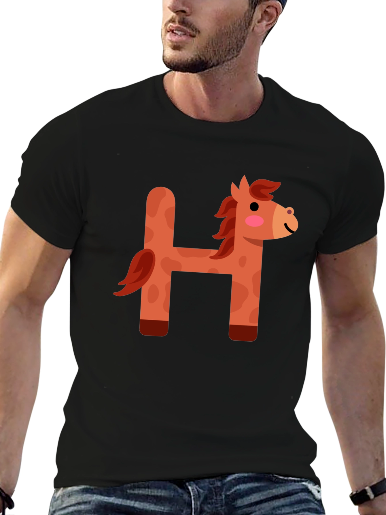 Black Cute Horse Letter H Black T-Shirt view 6