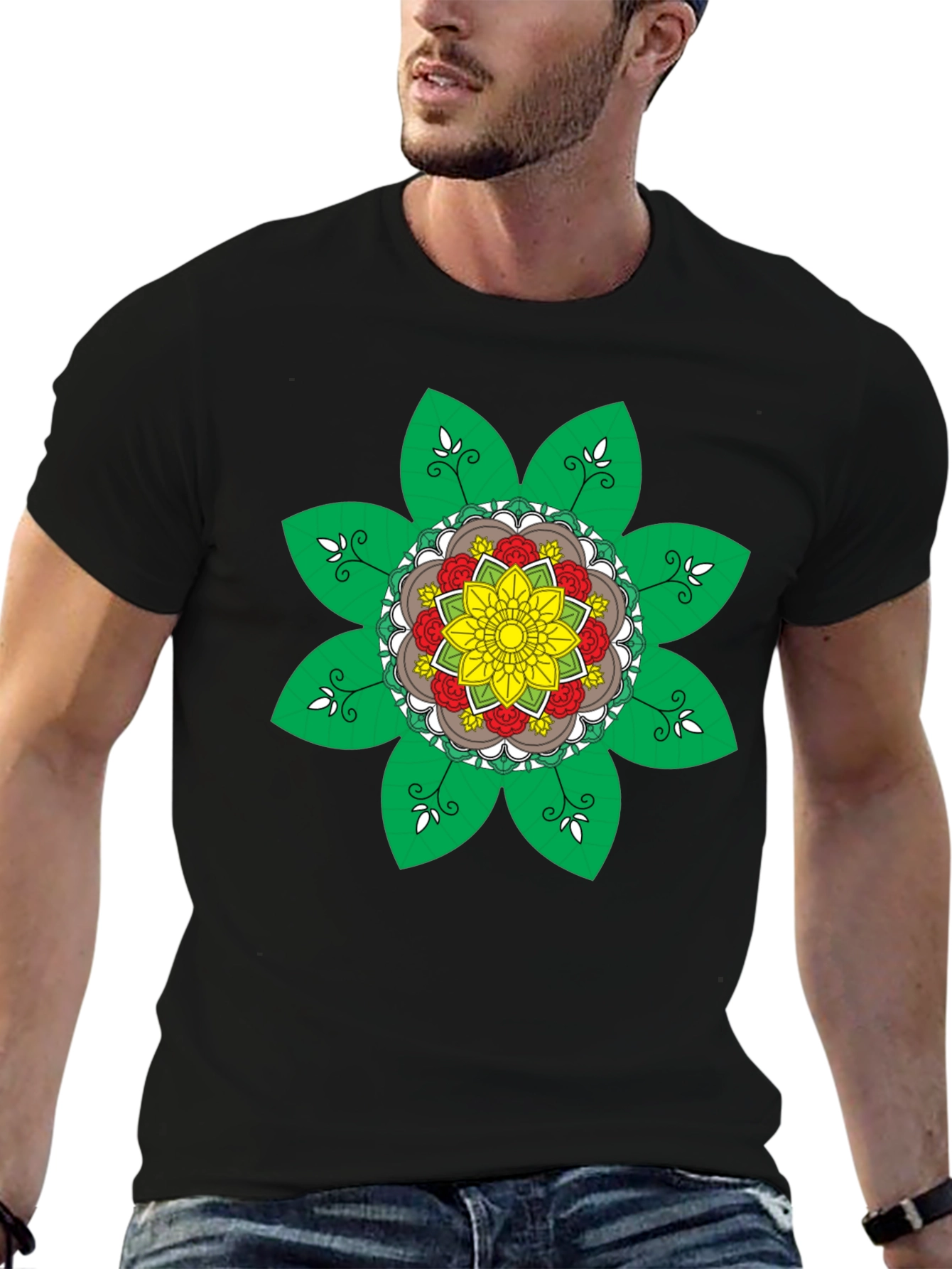Black Floral Mandala Graphic Tee - Black Cotton Blend Shirt view 6