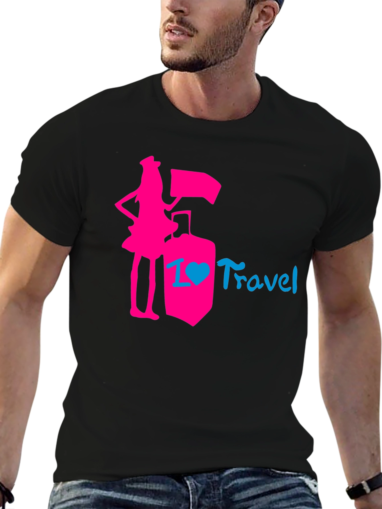 Black I Love Travel T-Shirt: Pink Design, Stylish Top view 6