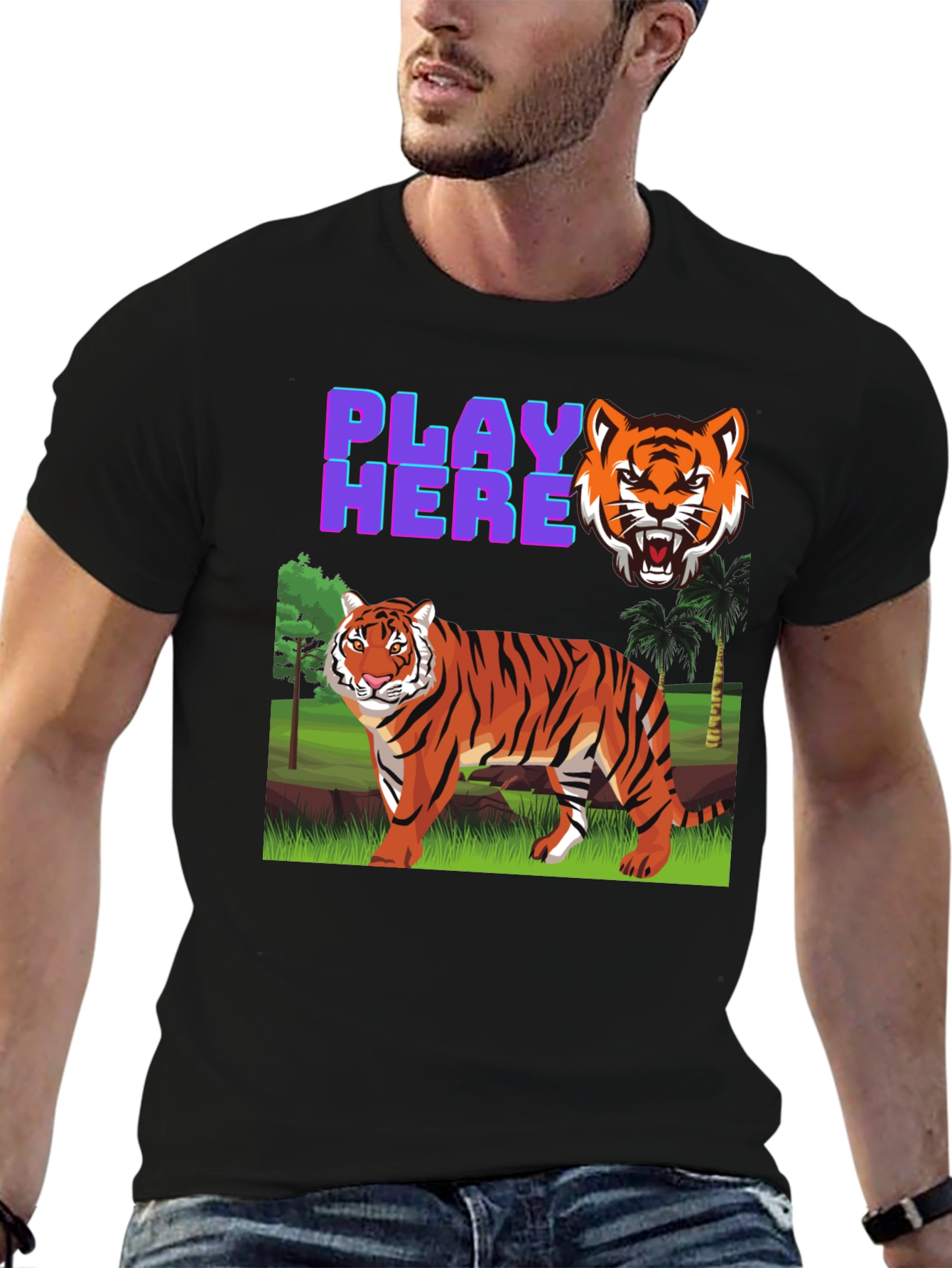Black Play Here Tiger Graphic Tee - Cool Animal Print Shirt view 6