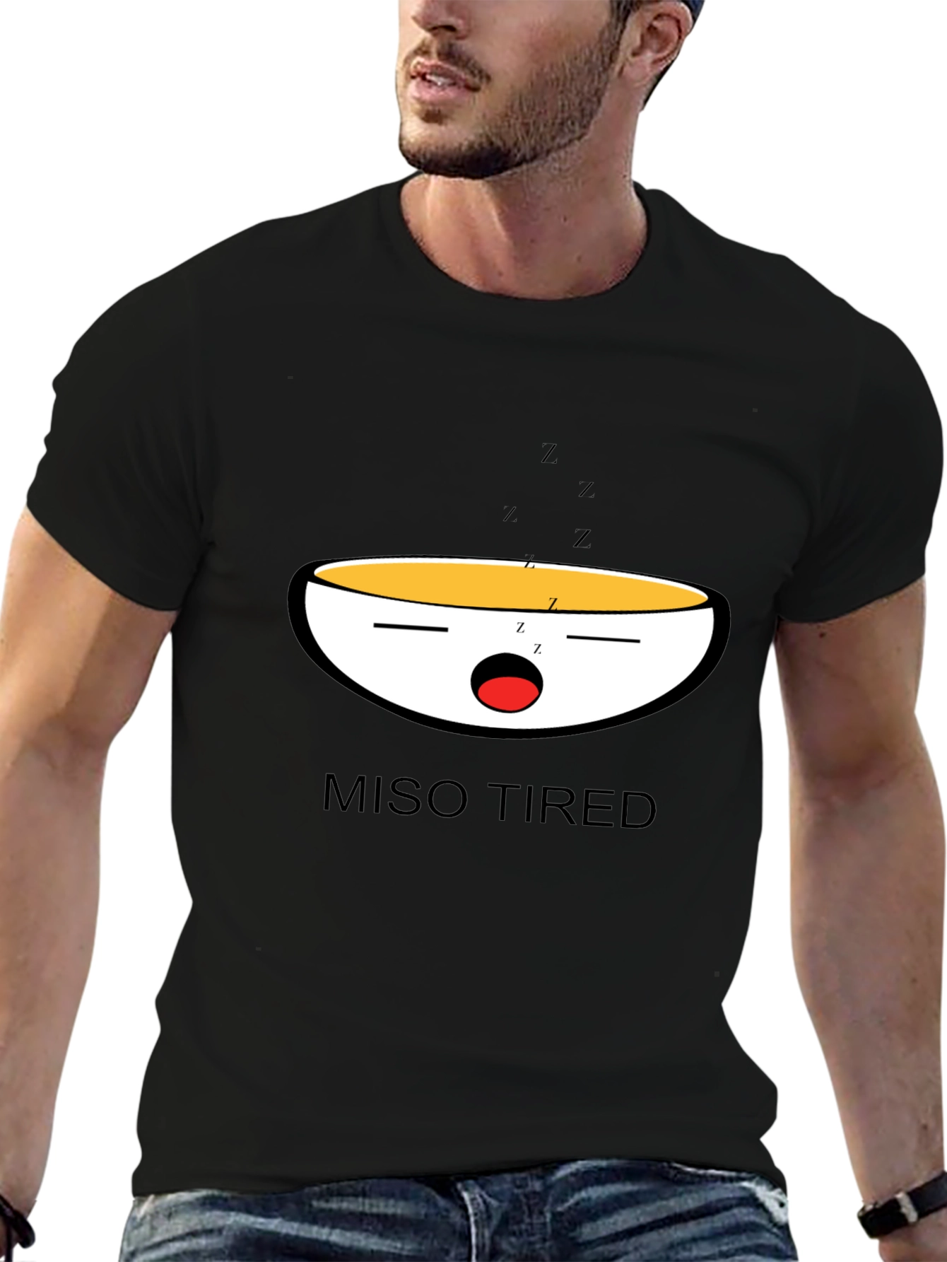 Black Miso Tired Funny Graphic T-Shirt view 6