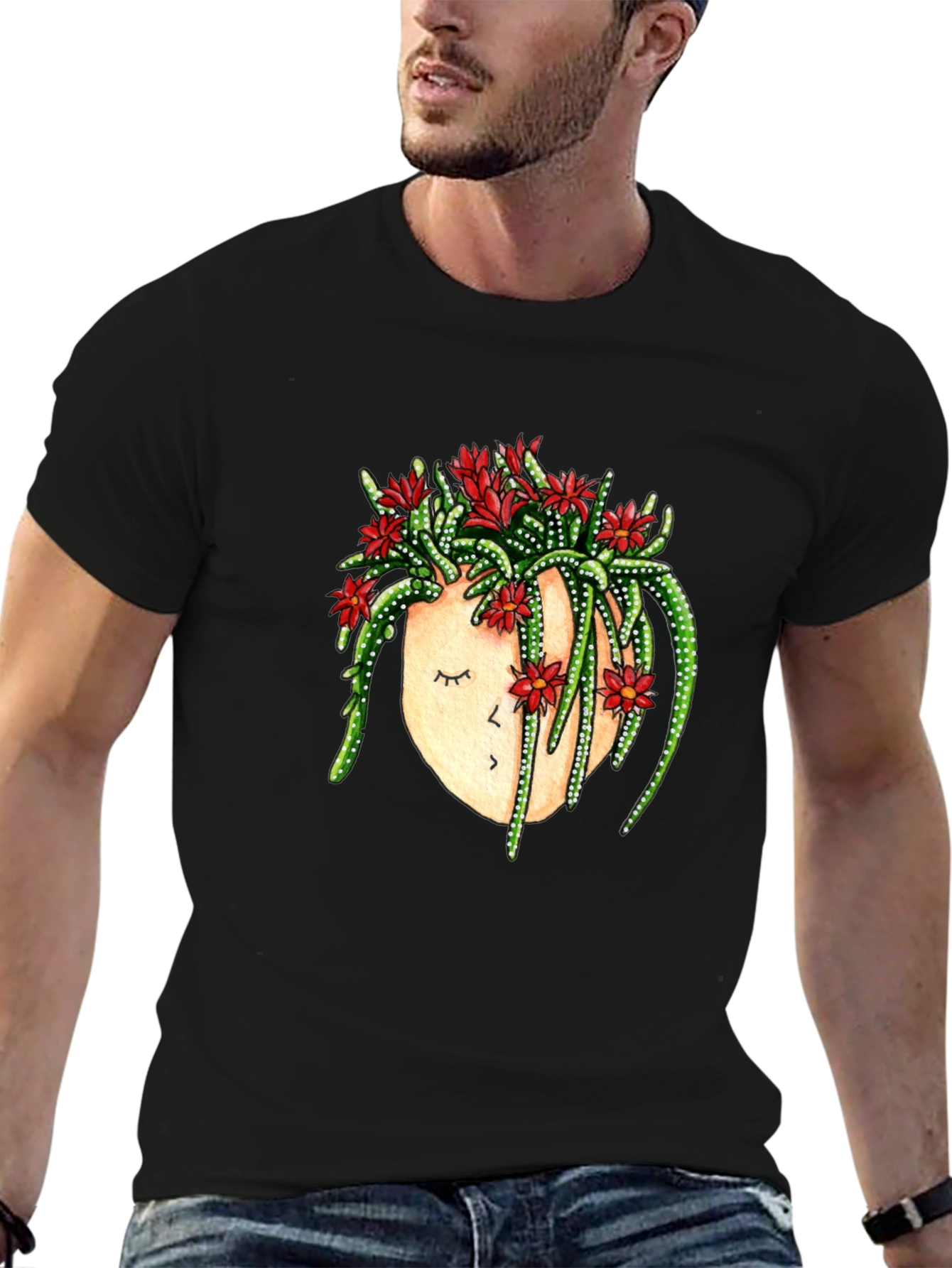 Black Cactus Head Graphic Tee - Unique Floral Design view 6