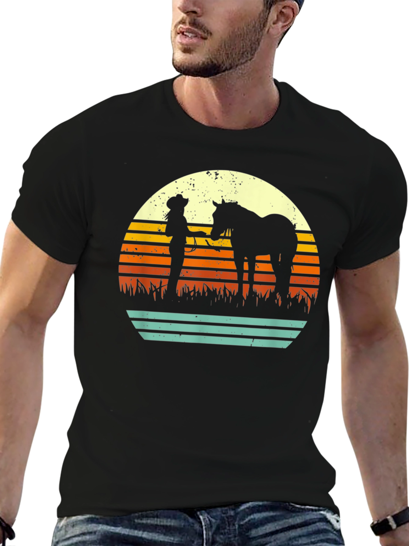 Black Retro Horse & Rider Silhouette Graphic Tee view 6