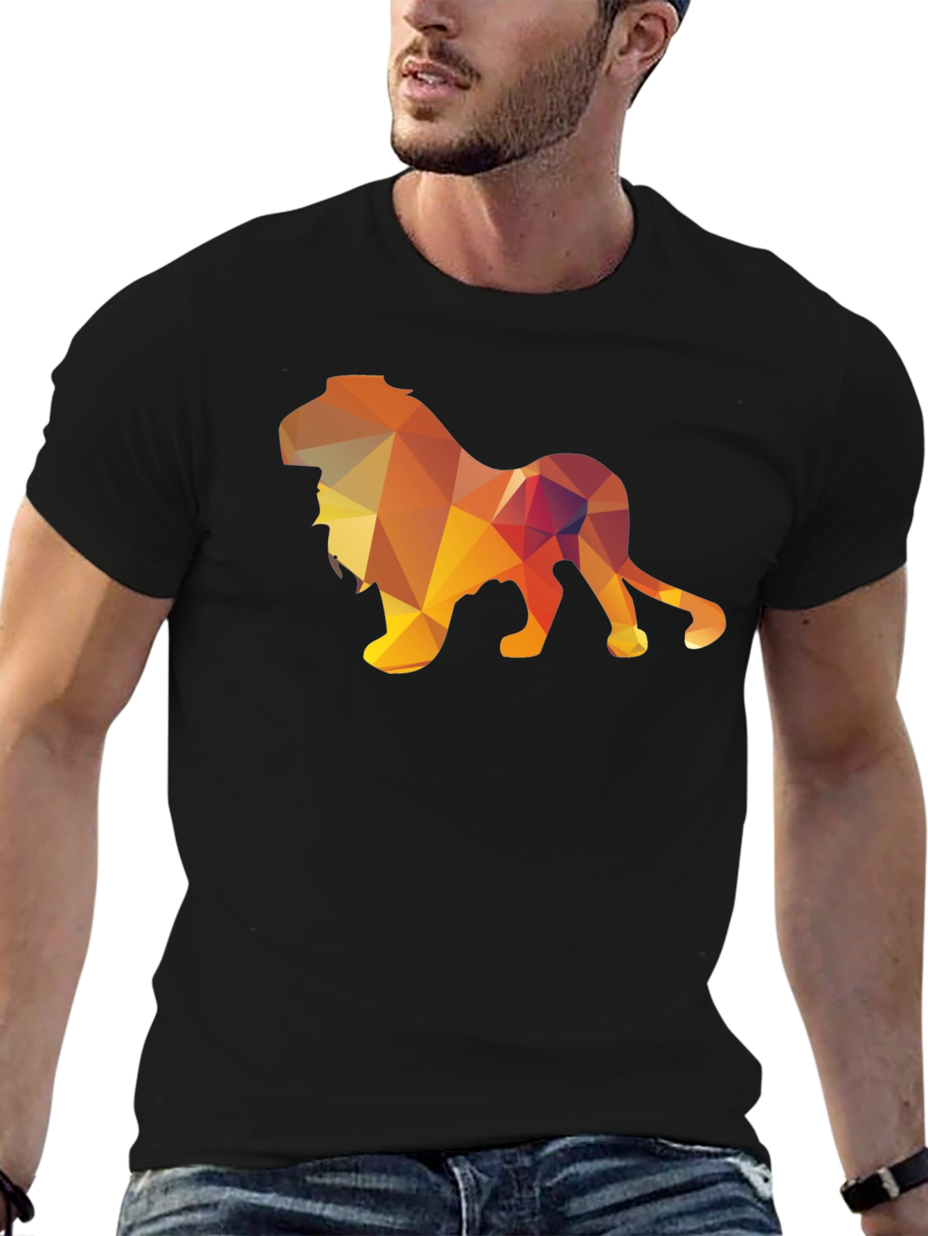 Black Geometric Lion Graphic Tee - Stylish Men's Black T-Shirt view 6