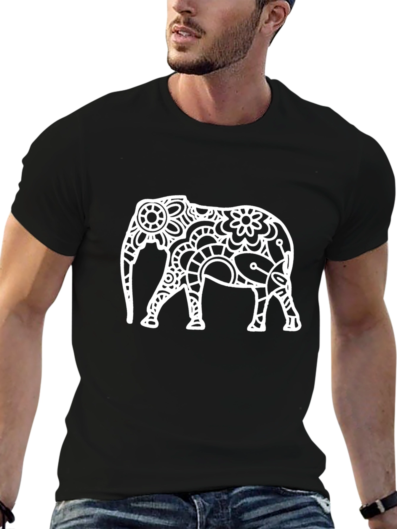 Black Black T-Shirt with White Elephant Design view 6