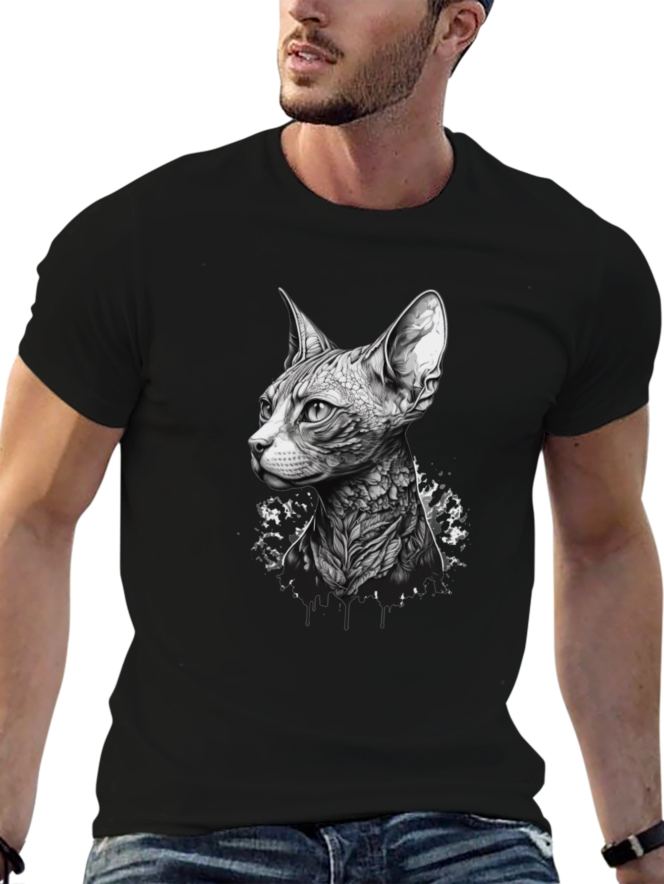Black Sphynx Cat Tattoo Style Black T-Shirt view 6